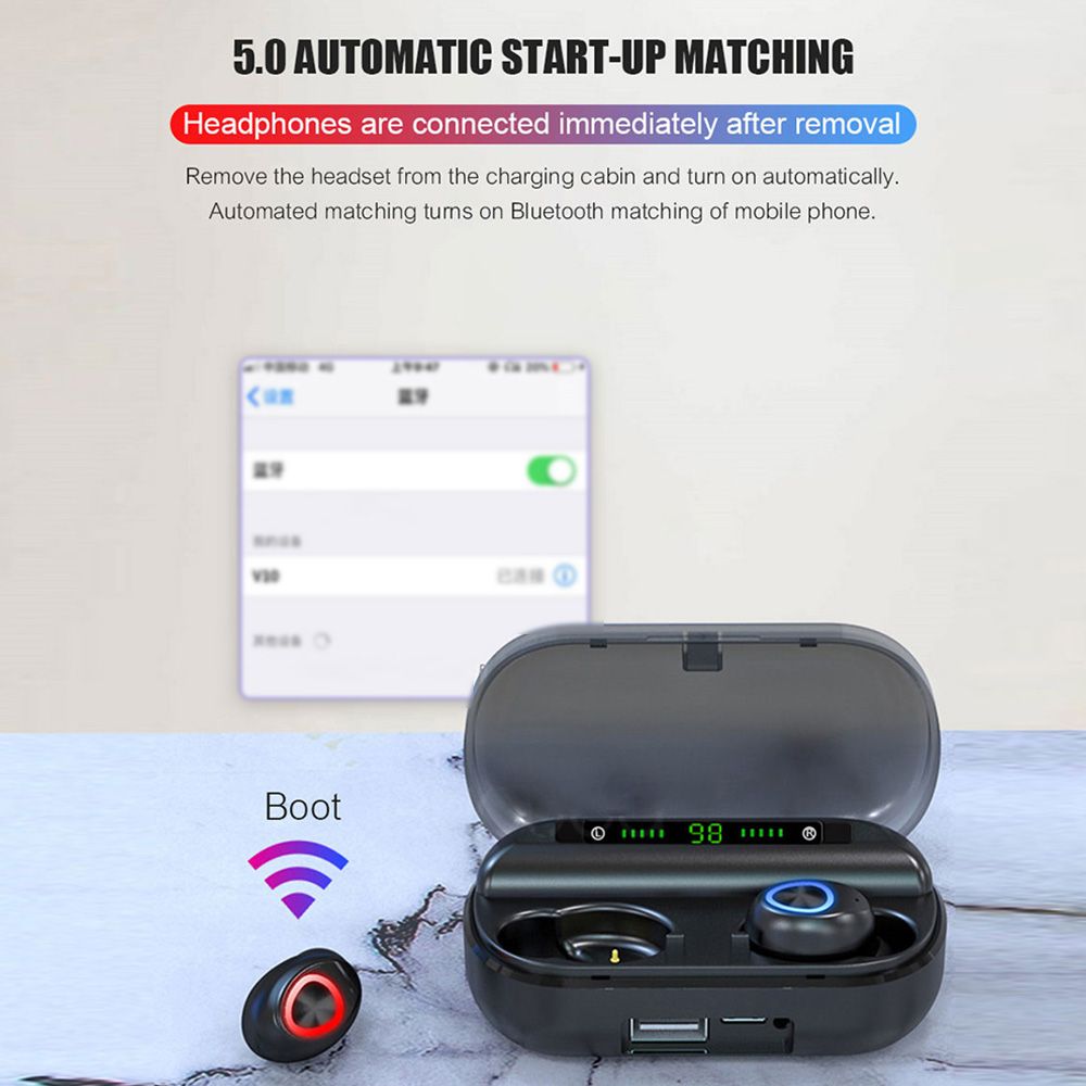 V10 BT 5.0 Wireless Earphones Stereo Wireless Mini Earbuds HiFi Sound Headphones 2400mAh Powerbank Phone Holder No Power Display