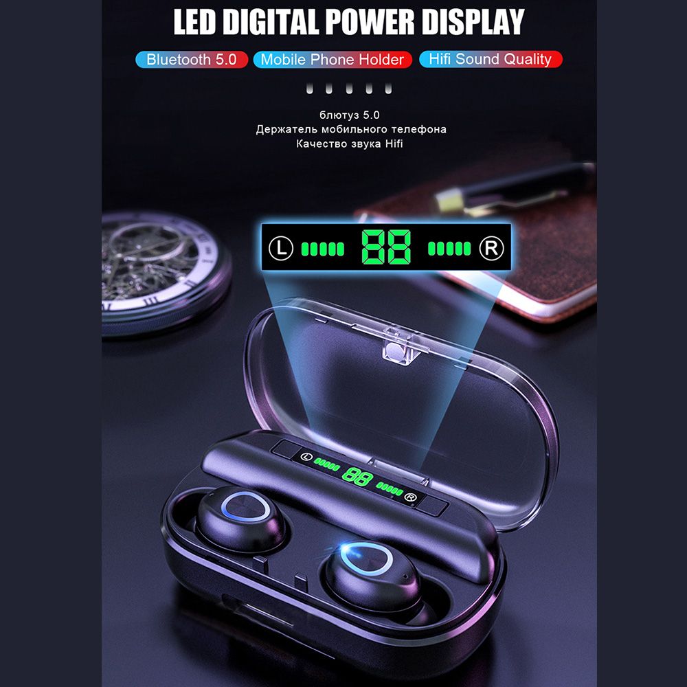 V10 BT 5.0 Wireless Earphones Stereo Wireless Mini Earbuds HiFi Sound Headphones 2400mAh Powerbank Phone Holder No Power Display
