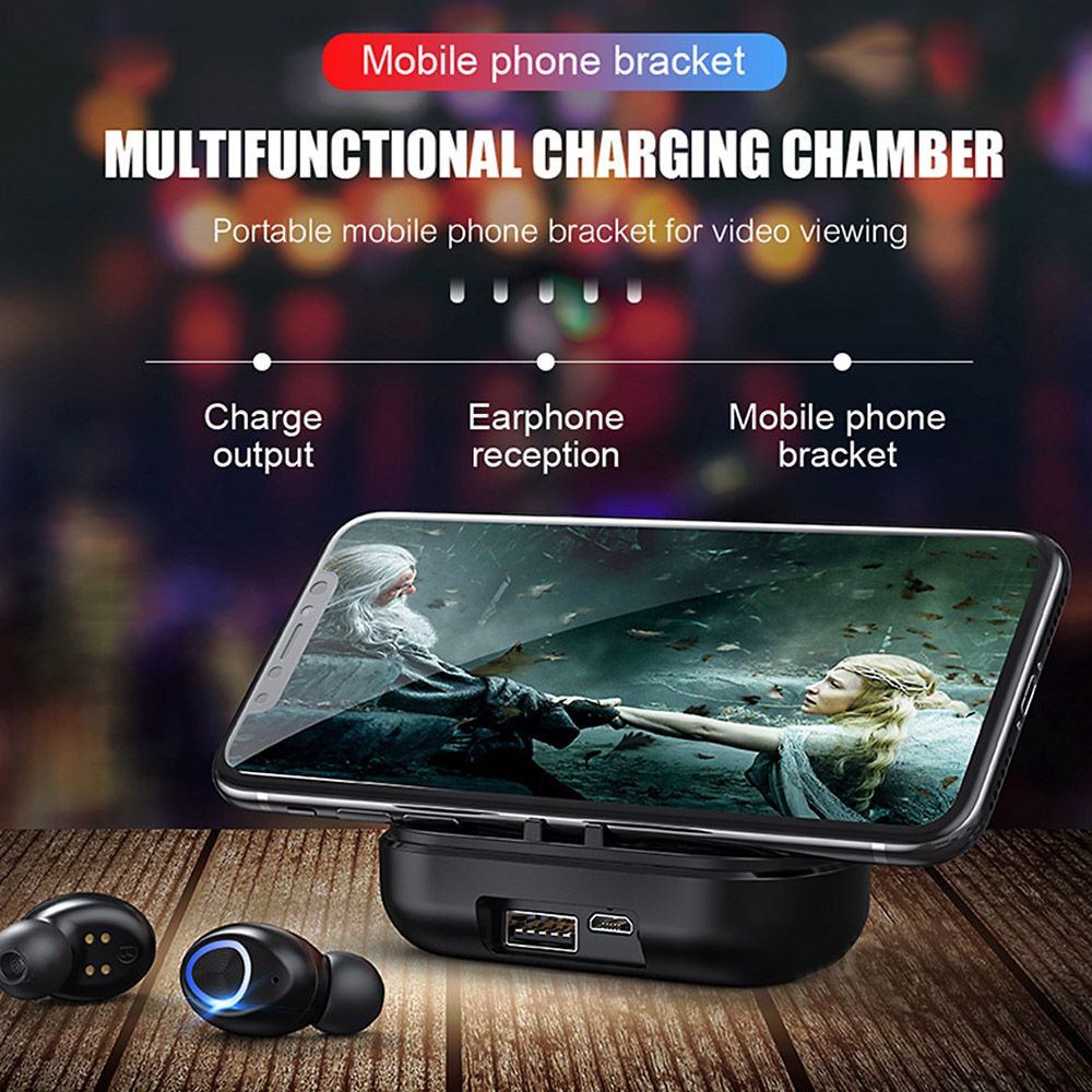 V10 BT 5.0 Wireless Earphones Stereo Wireless Mini Earbuds HiFi Sound Headphones 2400mAh Powerbank Phone Holder No Power Display