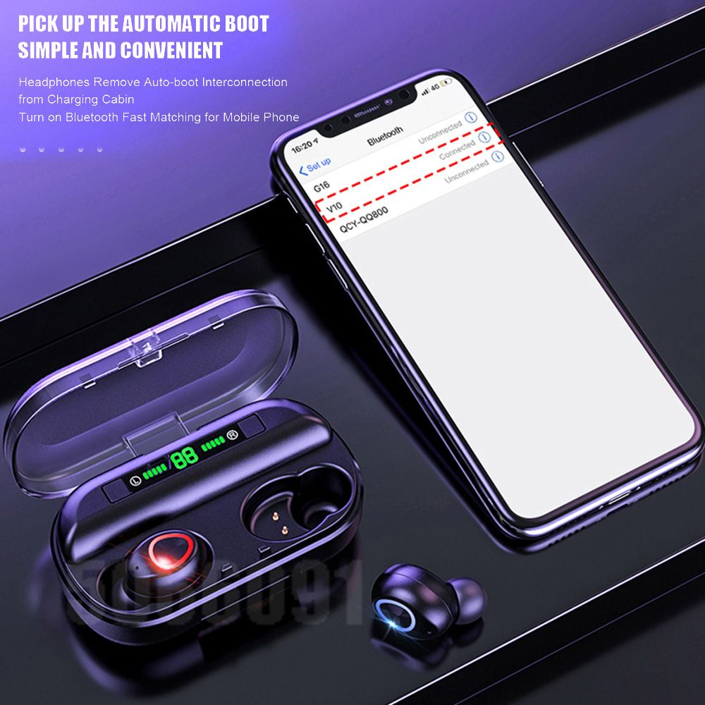 V10 BT 5.0 Wireless Earphones Stereo Wireless Mini Earbuds HiFi Sound Headphones 2400mAh Powerbank Phone Holder No Power Display