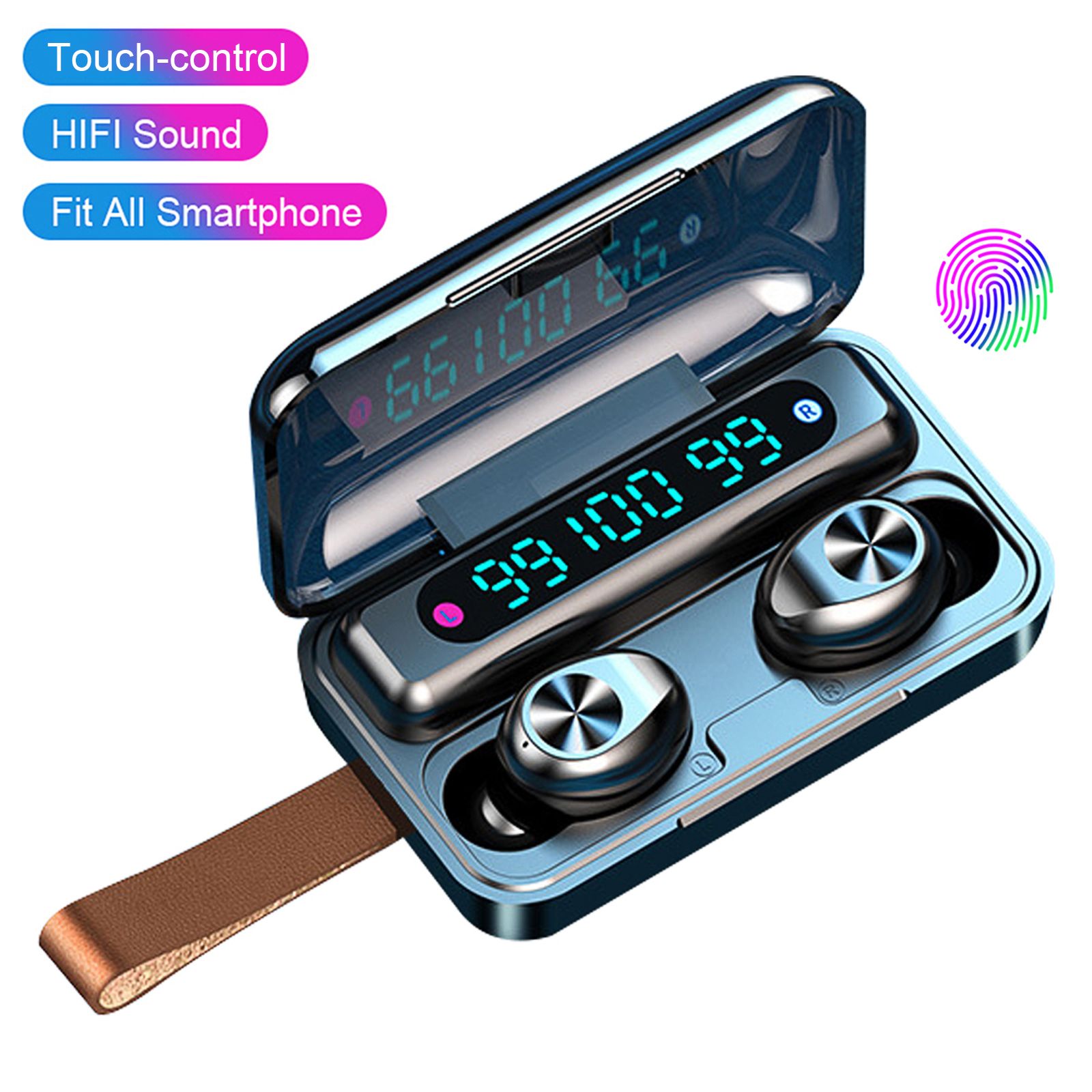F9-11 Mini In-Ear BT Headphones with 9D Stereo Deep Base Noise Reduction IPX7 Waterproof Sport Earphones with LED-Digital Display Touch-Control Headsets HD Call Earbuds with MIC Compatible with iOS Android Windows Black(with rope)
