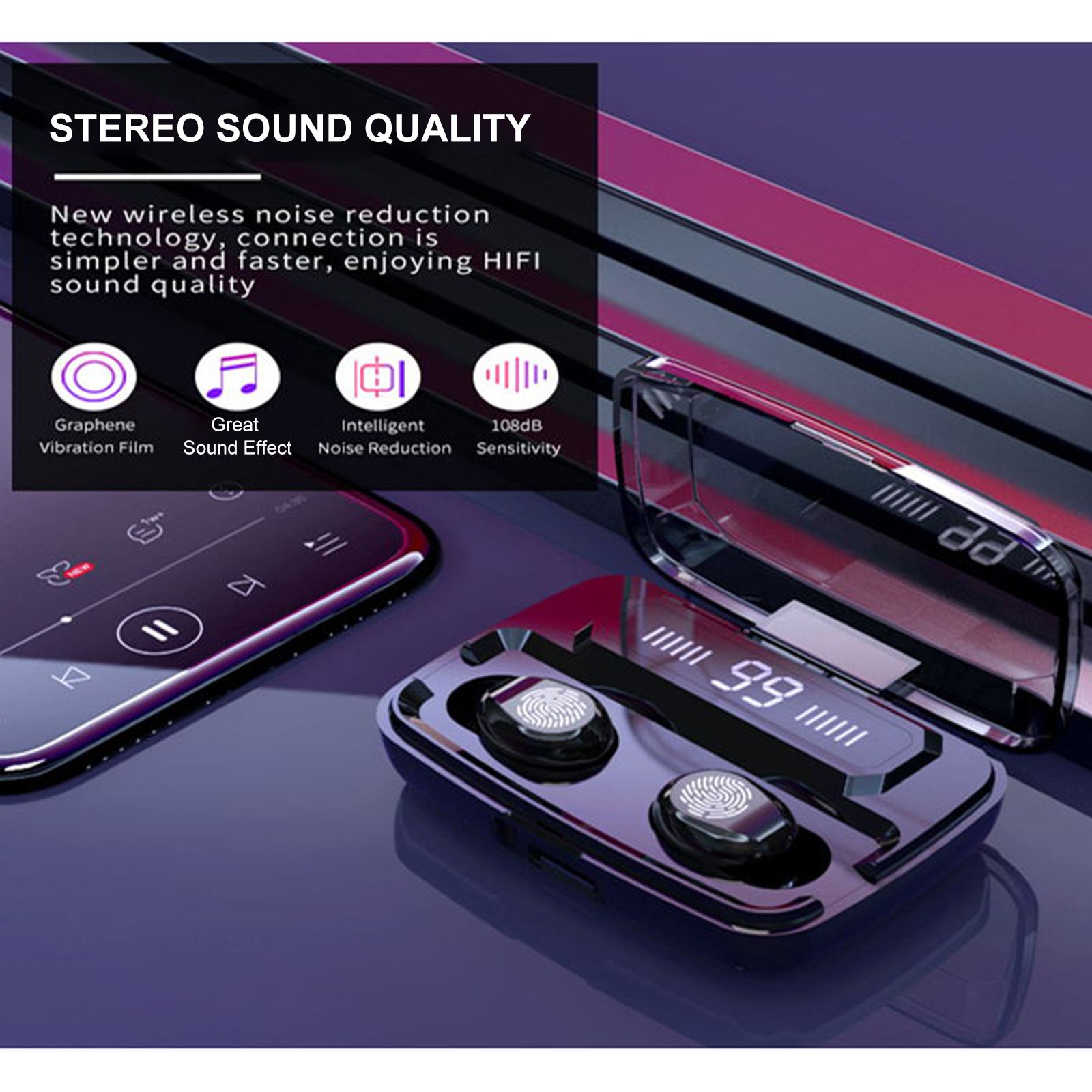 F9 In-Ear BT Earphones with Stereo Sound Noise Reduction Waterproof Sport Earbuds with LED-Digital Display Touch-Control Headphones HD Call Earbuds with MIC Compatible with iOS Android