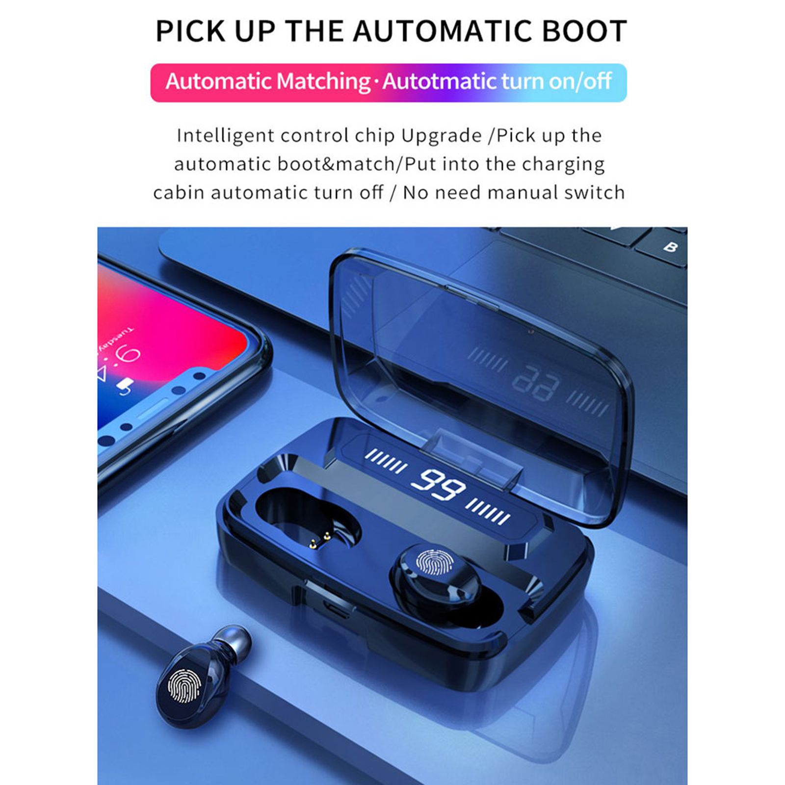 F9 In-Ear BT Earphones with Stereo Sound Noise Reduction Waterproof Sport Earbuds with LED-Digital Display Touch-Control Headphones HD Call Earbuds with MIC Compatible with iOS Android