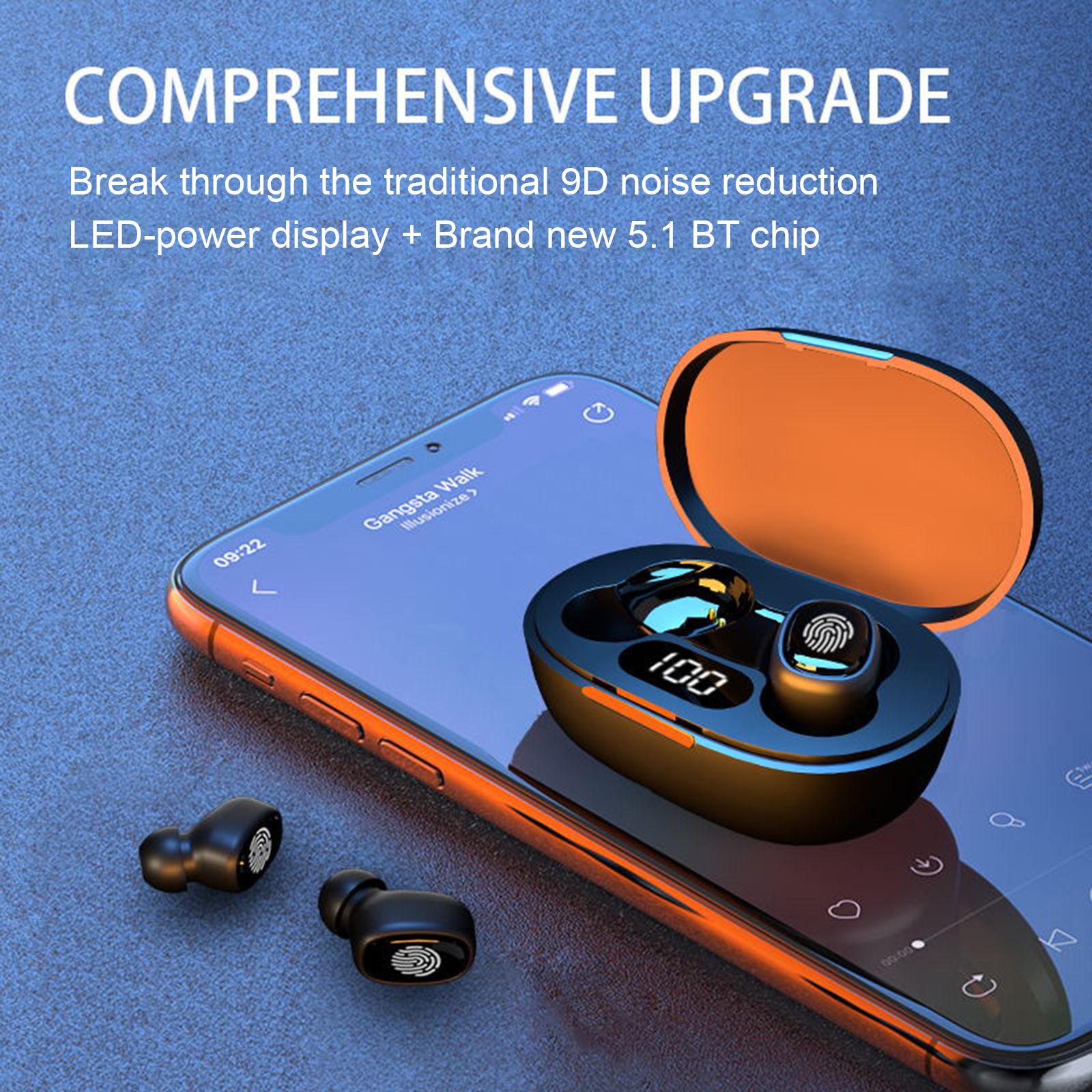 True Wireless Stereo-100 Wireless In-Ear Earbuds with Stereo Sound Noise Reduction Waterproof BT 5.1 Earphones with LED-Digital Display Touch-Control Headphones Headsets with HD Call for Sport Music