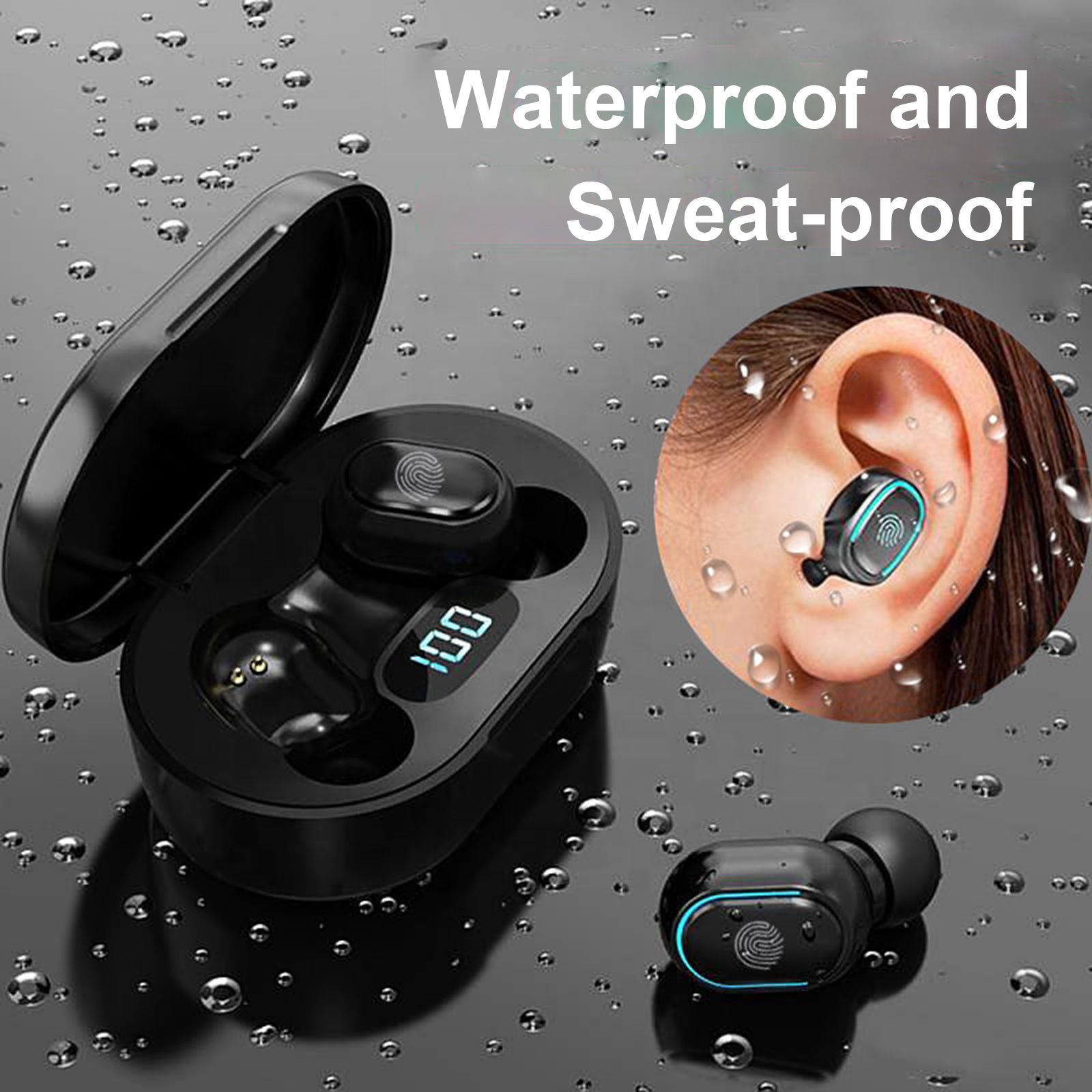 True Wireless Stereo-100 Wireless In-Ear Earbuds with Stereo Sound Noise Reduction Waterproof BT 5.1 Earphones with LED-Digital Display Touch-Control Headphones Headsets with HD Call for Sport Music