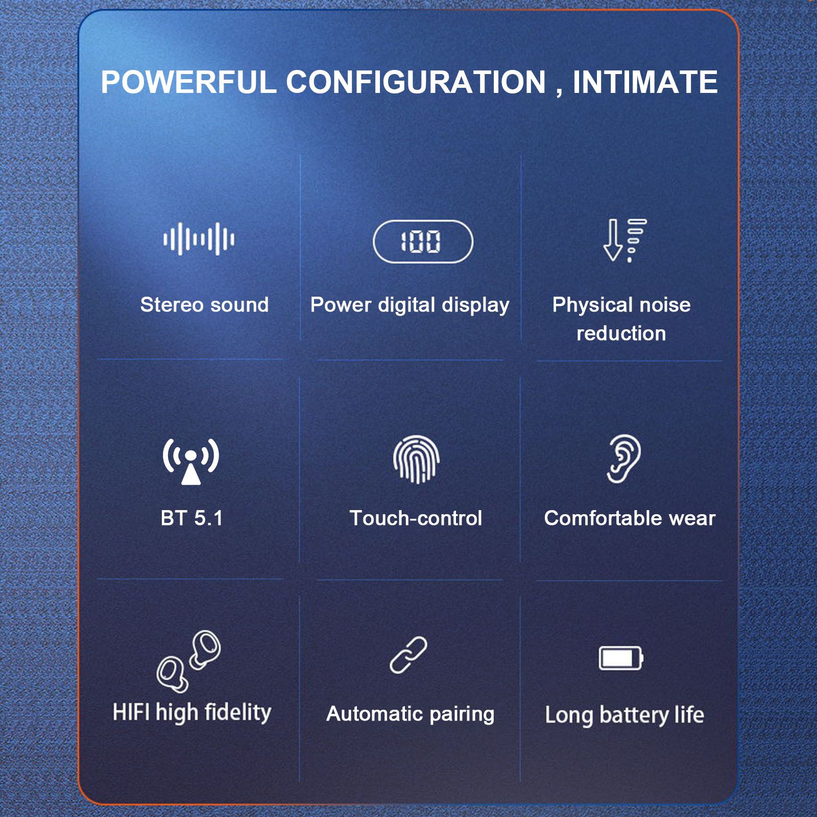 True Wireless Stereo-100 Wireless In-Ear Earbuds with Stereo Sound Noise Reduction Waterproof BT 5.1 Earphones with LED-Digital Display Touch-Control Headphones Headsets with HD Call for Sport Music