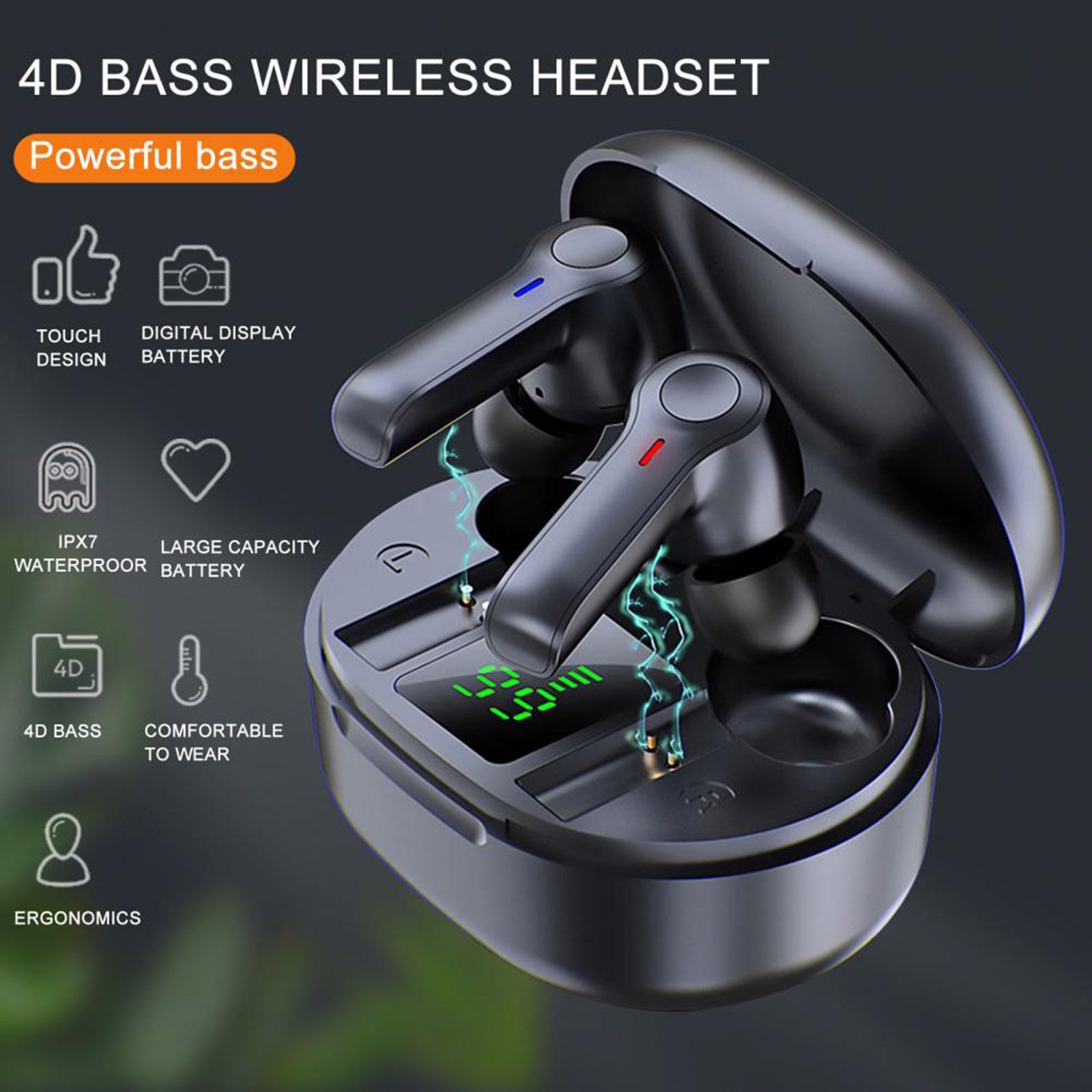 R22 In-Ear BT Earphones with Stereo Sound/Deep Bass Waterproof Sport Earbuds with LED-Digital Display Touch-Control Headphones Wireless Earbuds for Music/Call Compatible with iOS Android