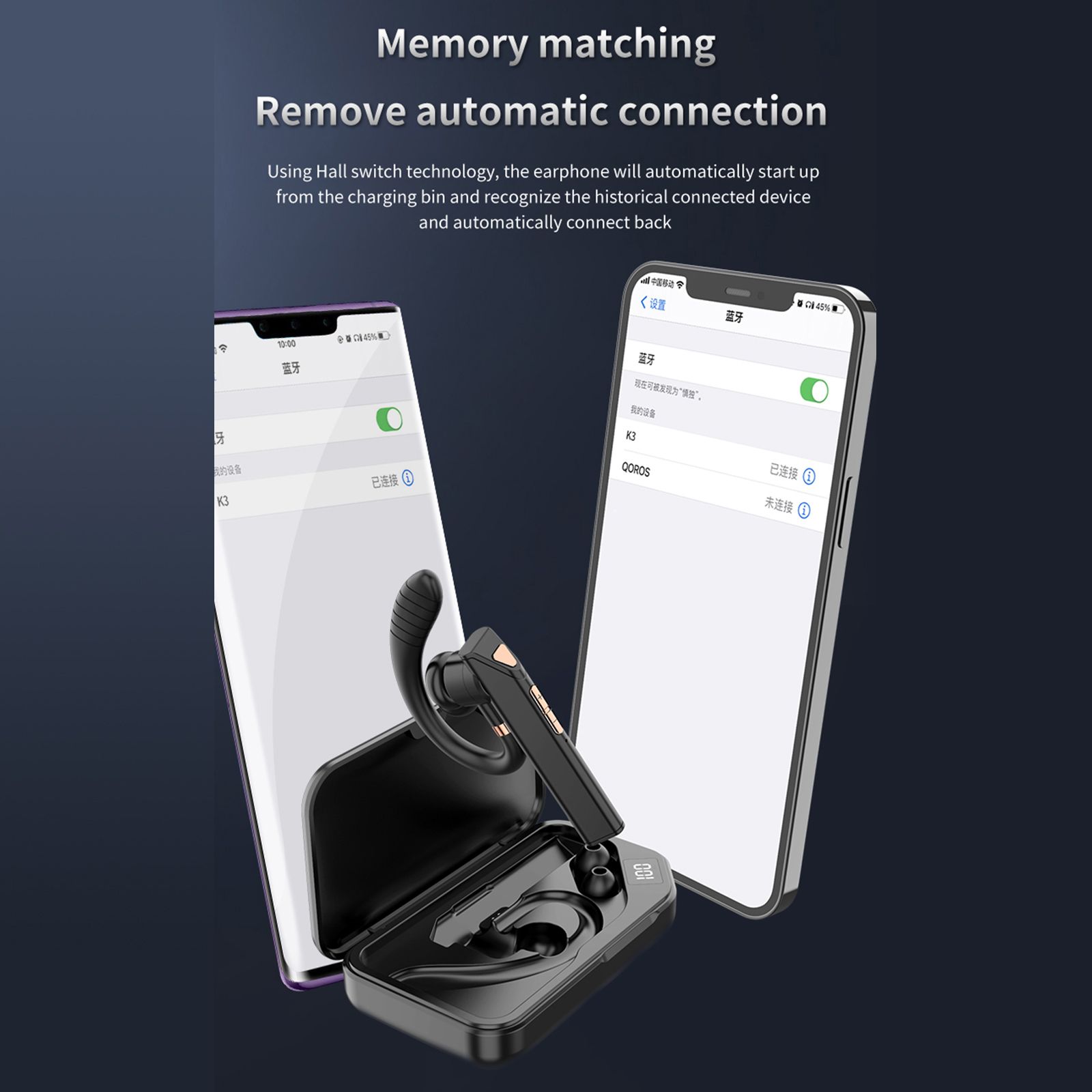 K3 BT5.0 Business Headset Wireless Earpiece Single Earhook With Charging Box Mic Led Display Earphones CVC Noise Cancelling Headphone Hands-Free Earphone 500mAh Battery for Business/Work/Driving/Office