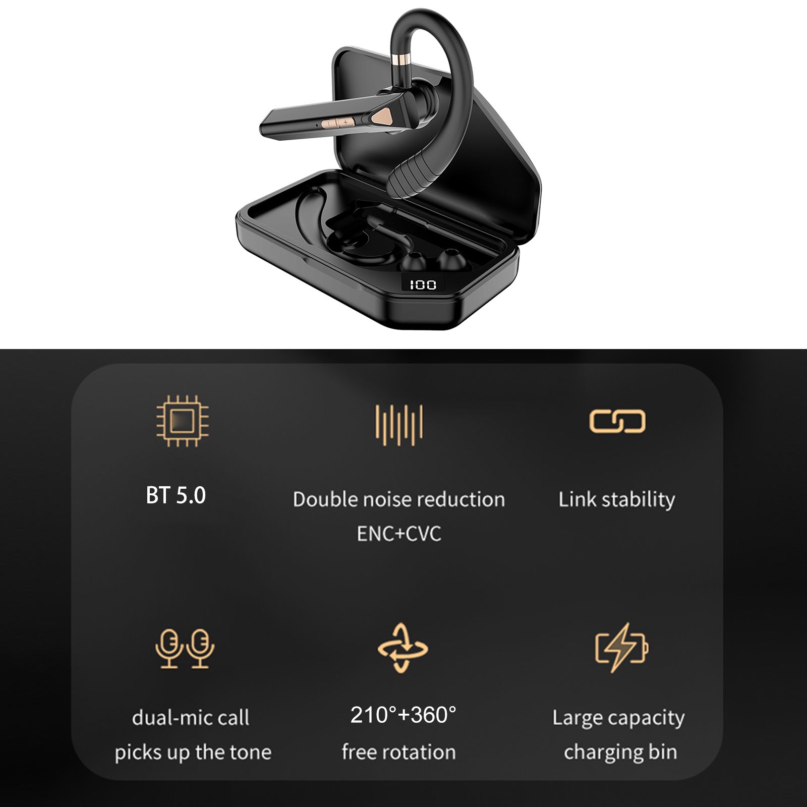 K3 BT5.0 Business Headset Wireless Earpiece Single Earhook With Charging Box Mic Led Display Earphones CVC Noise Cancelling Headphone Hands-Free Earphone 500mAh Battery for Business/Work/Driving/Office