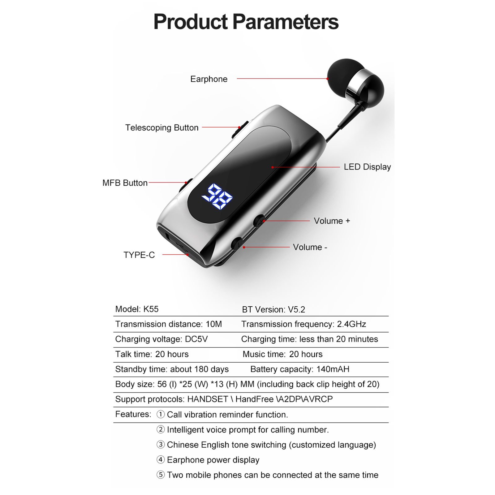 K55 Wireless Business BT5.2 Headset in-Ear Retractable Earphone Hands-free Sport Driver Earphone Telescopic Clip on Stereo Earbud With Mic