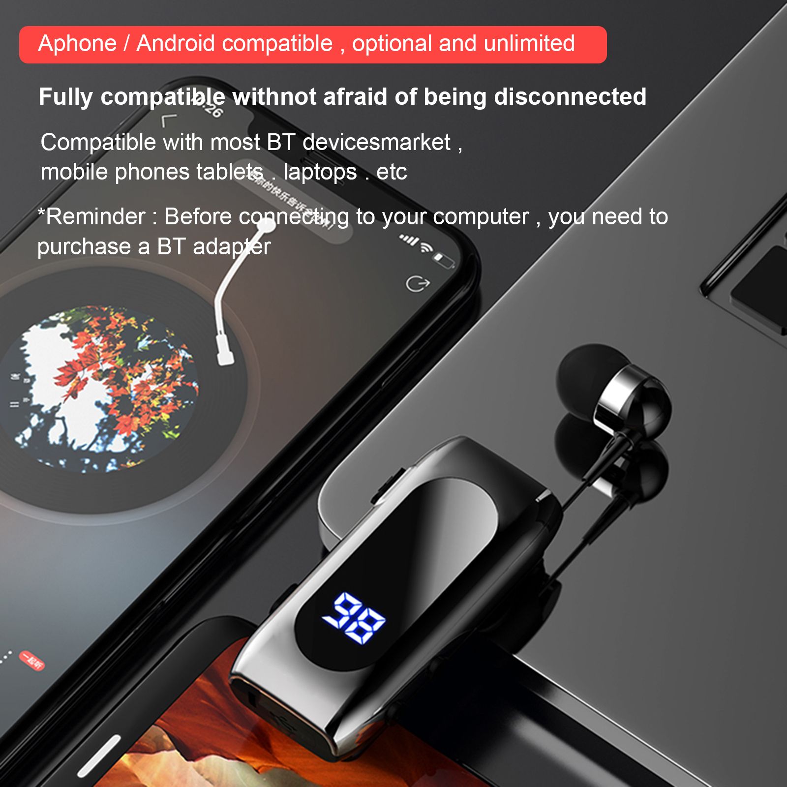 K55 Wireless Business BT5.2 Headset in-Ear Retractable Earphone Hands-free Sport Driver Earphone Telescopic Clip on Stereo Earbud With Mic