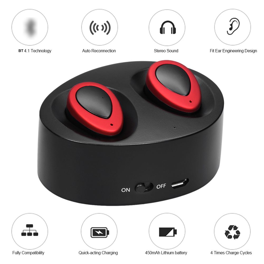 K2 True Wireless Bluetooth Headphone In-ear Stereo Bluetooth 4.1 Sport Headset Music Hands-free w/ Mic 450 mAh Emergency Power Bank for Running Gym Exercise Business