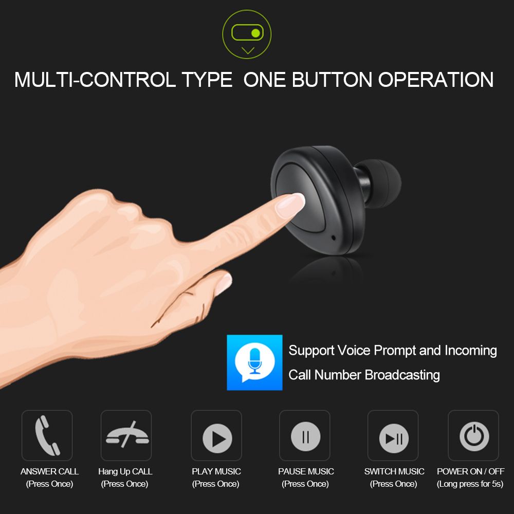 K2 True Wireless Bluetooth Headphone In-ear Stereo Bluetooth 4.1 Sport Headset Music Hands-free w/ Mic 450 mAh Emergency Power Bank for Running Gym Exercise Business