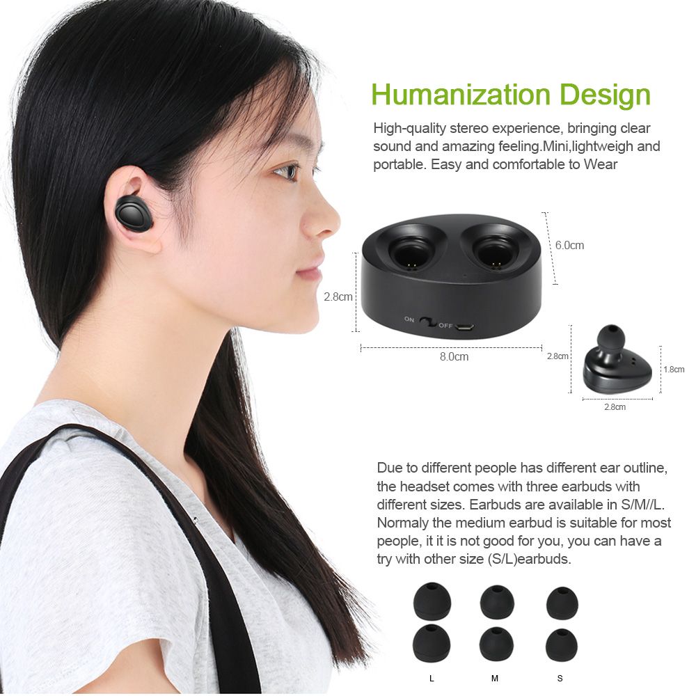 K2 True Wireless Bluetooth Headphone In-ear Stereo Bluetooth 4.1 Sport Headset Music Hands-free w/ Mic 450 mAh Emergency Power Bank for Running Gym Exercise Business
