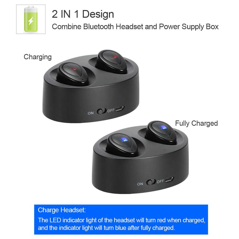 K2 True Wireless Bluetooth Headphone In-ear Stereo Bluetooth 4.1 Sport Headset Music Hands-free w/ Mic 450 mAh Emergency Power Bank for Running Gym Exercise Business