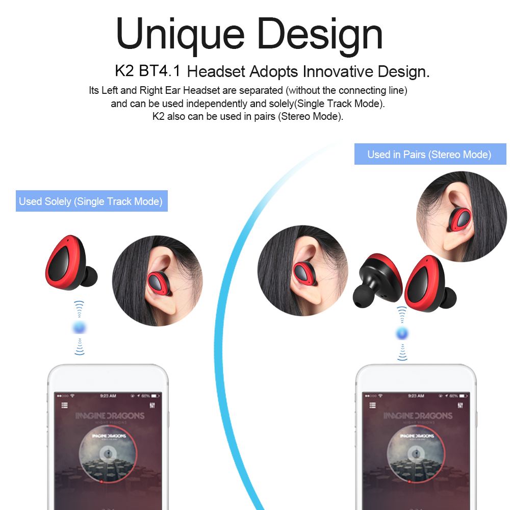 K2 True Wireless Bluetooth Headphone In-ear Stereo Bluetooth 4.1 Sport Headset Music Hands-free w/ Mic 450 mAh Emergency Power Bank for Running Gym Exercise Business