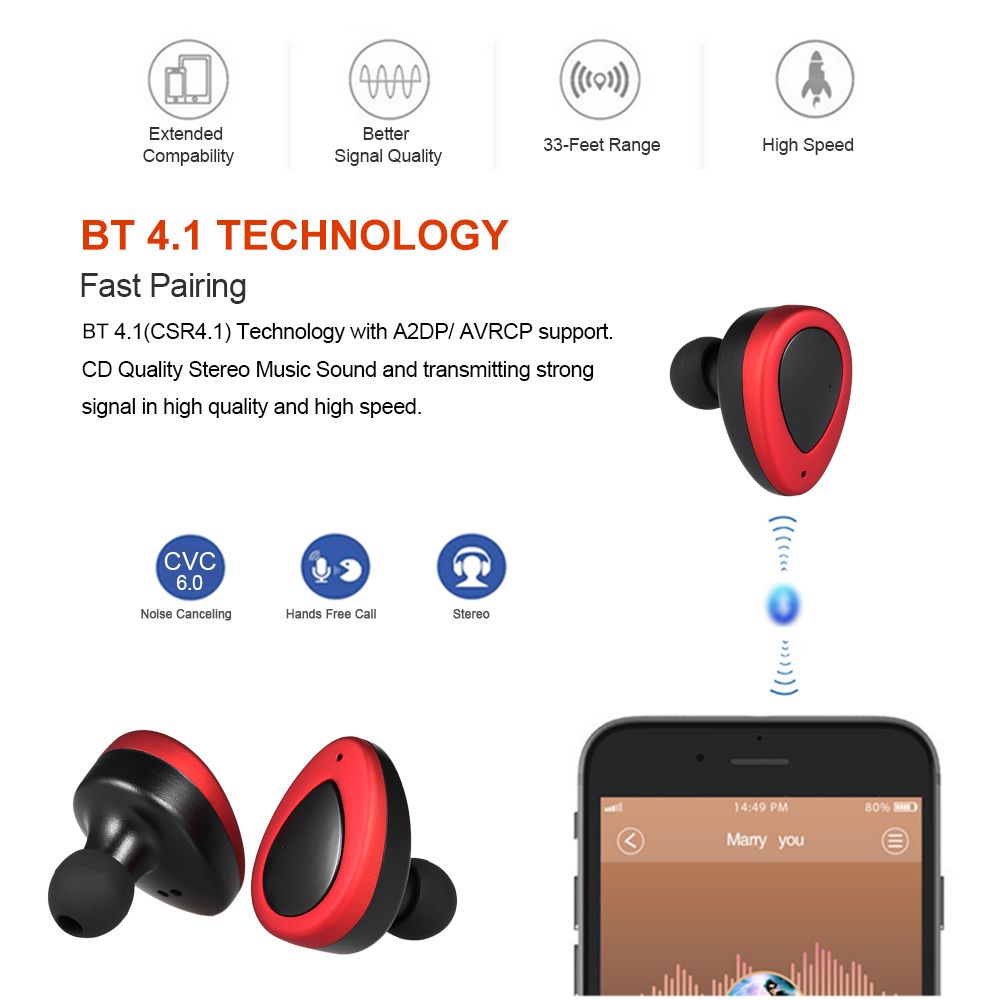 K2 True Wireless Bluetooth Headphone In-ear Stereo Bluetooth 4.1 Sport Headset Music Hands-free w/ Mic 450 mAh Emergency Power Bank for Running Gym Exercise Business