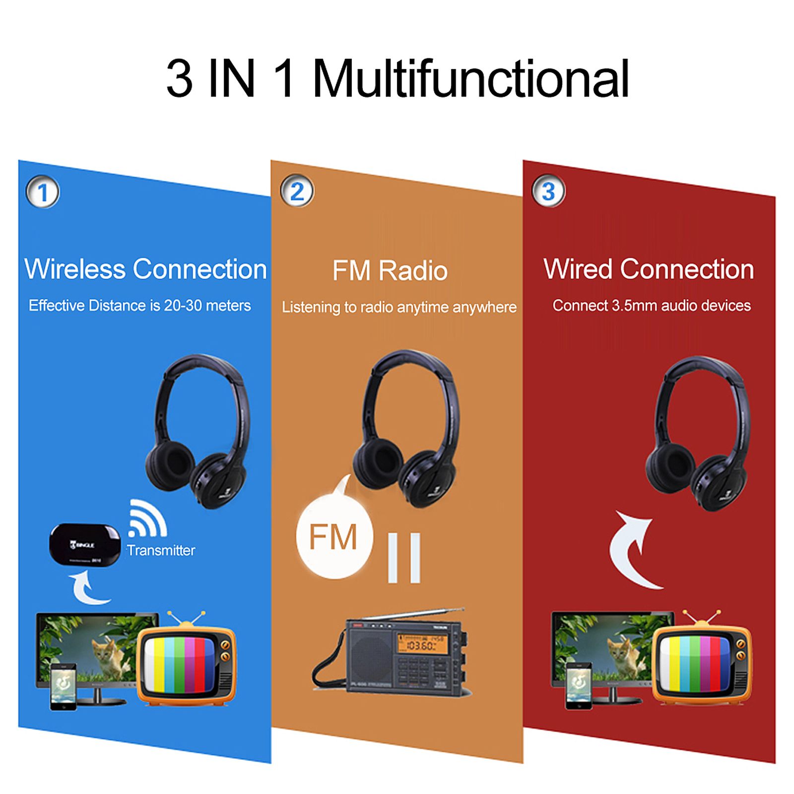 B616 Multifunction Wireless Stereo Headphones On Ear Headset FM Radio Wired Earphone Transmitter for MP3 PC TV Smart Phones