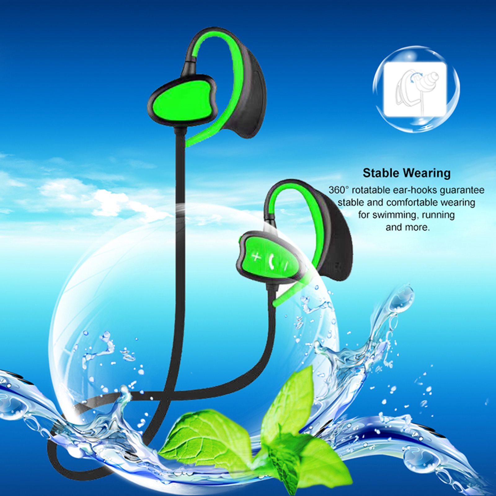 IPX8 Waterproof Bluetooth Headphones CSR Wireless Stereo Headset with Microphone Bass Sports Running Earphone