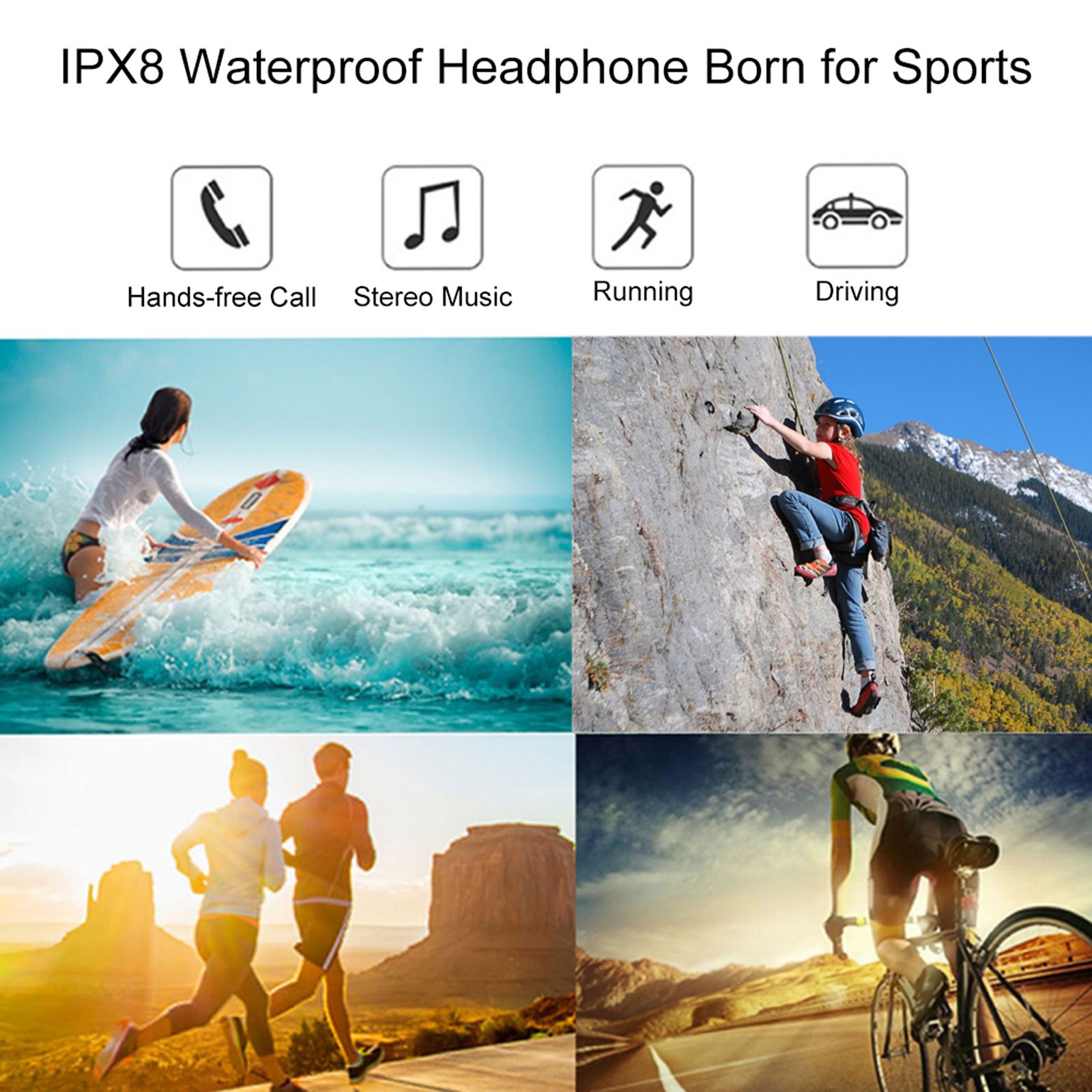 IPX8 Waterproof Bluetooth Headphones CSR Wireless Stereo Headset with Microphone Bass Sports Running Earphone