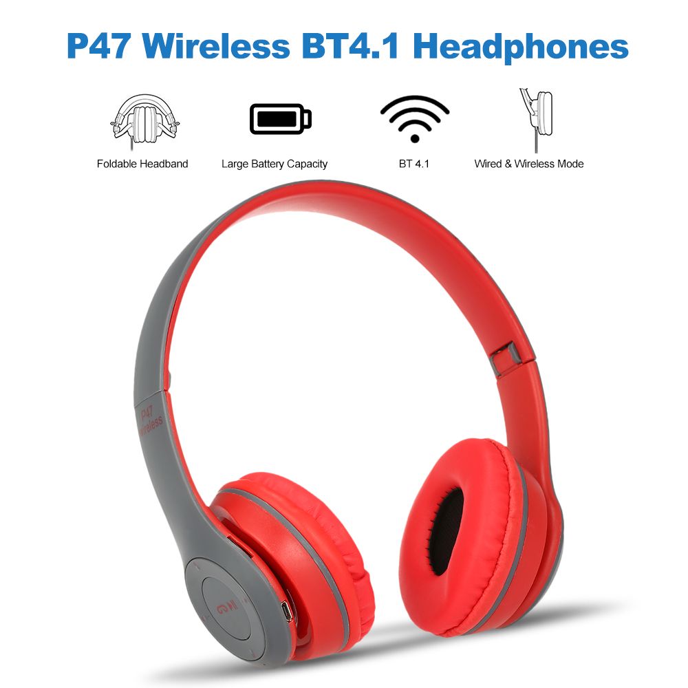 P47 Wireless Bluetooth 4.1 Headphones Foldable Over Ear Headset 3.5mm Muisc Earphone FM Radio TF Card Slot Hands-free w/ Mic