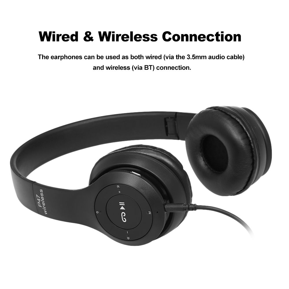 P47 Wireless Bluetooth 4.1 Headphones Foldable Over Ear Headset 3.5mm Muisc Earphone FM Radio TF Card Slot Hands-free w/ Mic