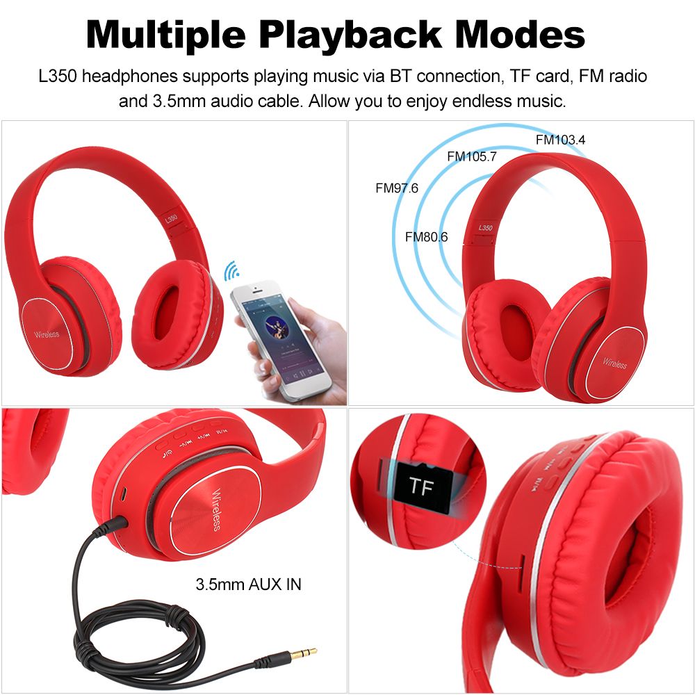 L350 Wireless Bluetooth Headphones Over-ear Earphones Bluetooth 5.0 Sports Headsets Support TF Card 3.5mm AUX IN FM Radio w/ Mic