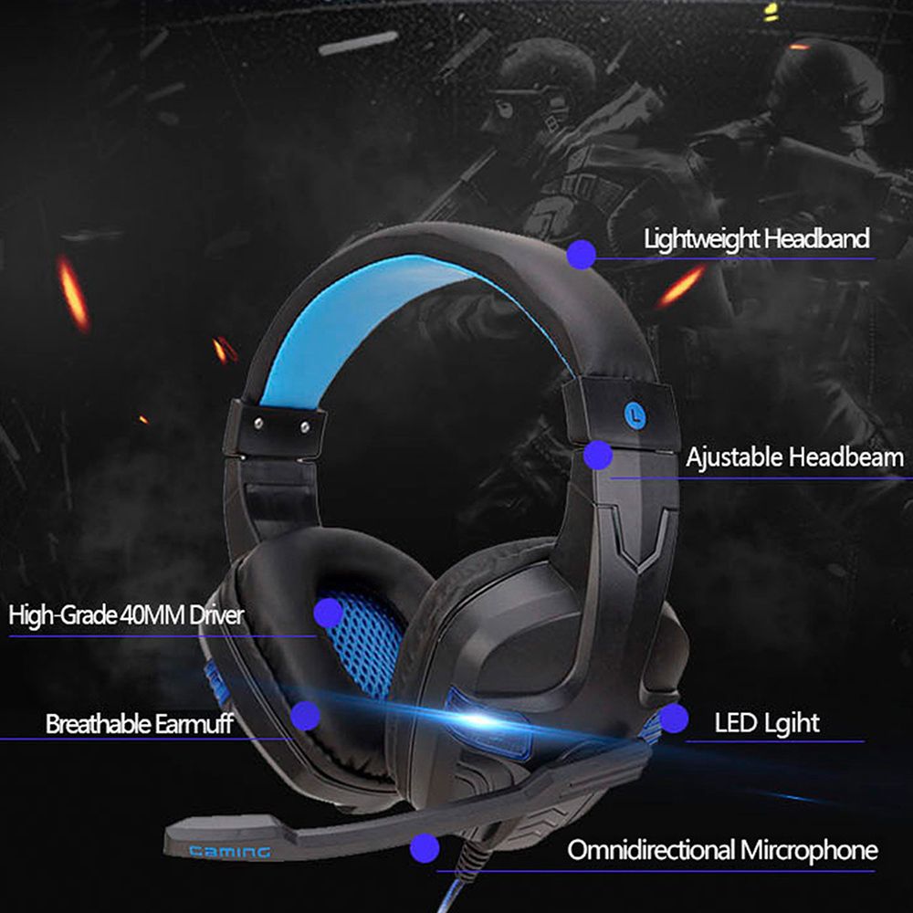 SY860MV Gaming Headset 3.5mm Wired Over Ear Headphones Noise Canceling Earphone with Mic LED Light Volume Control AUX+USB for Desktop PC