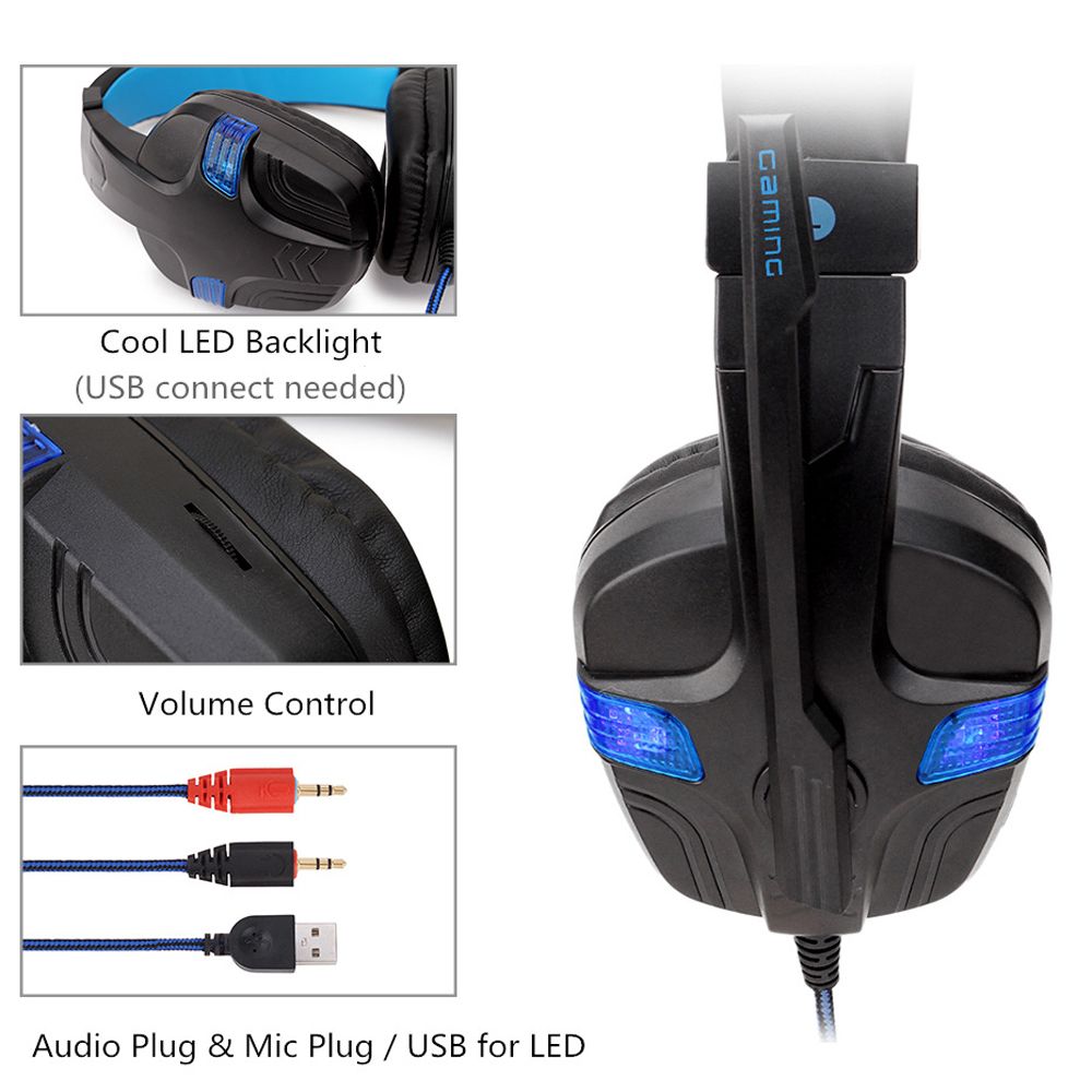 SY860MV Gaming Headset 3.5mm Wired Over Ear Headphones Noise Canceling Earphone with Mic LED Light Volume Control AUX+USB for Desktop PC