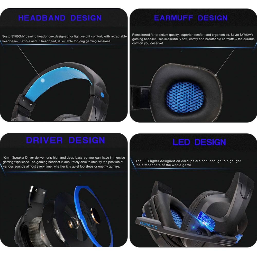 SY860MV Gaming Headset 3.5mm Wired Over Ear Headphones Noise Canceling Earphone with Mic LED Light Volume Control AUX+USB for Desktop PC