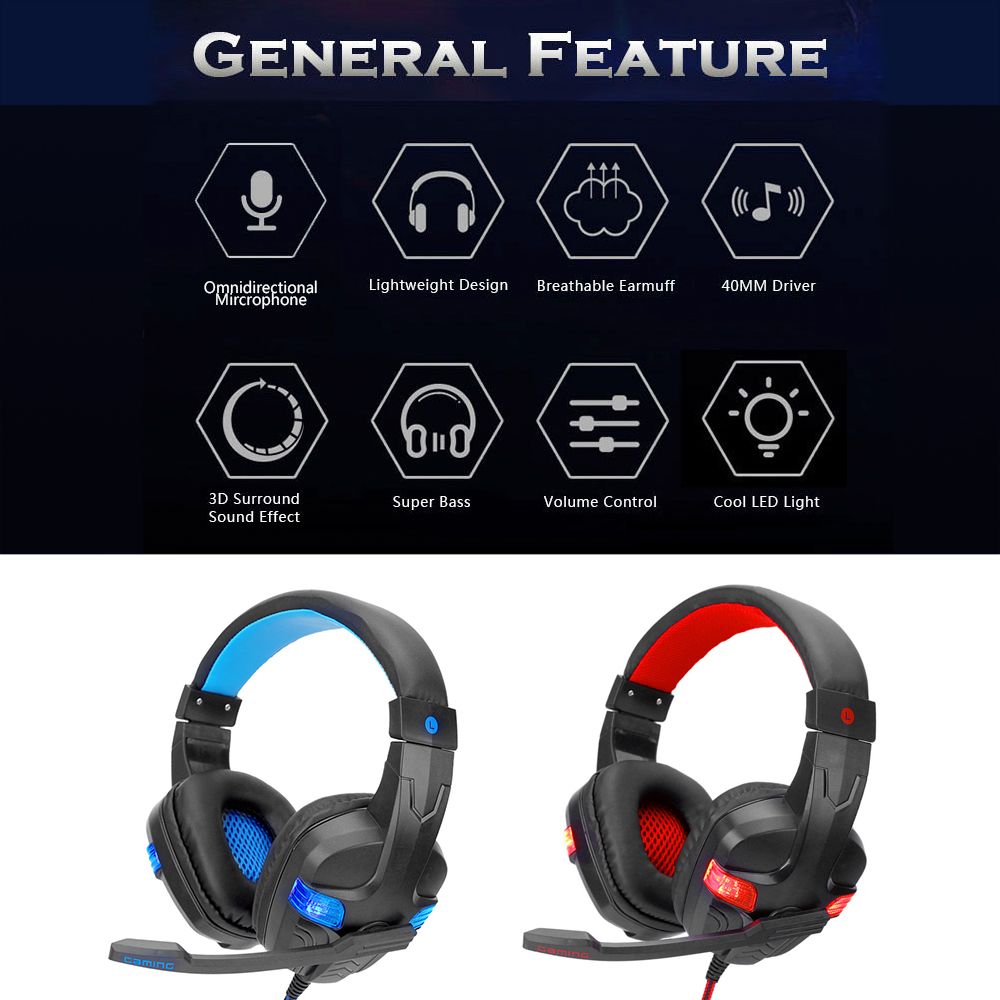 SY860MV Gaming Headset 3.5mm Wired Over Ear Headphones Noise Canceling Earphone with Mic LED Light Volume Control AUX+USB for Desktop PC