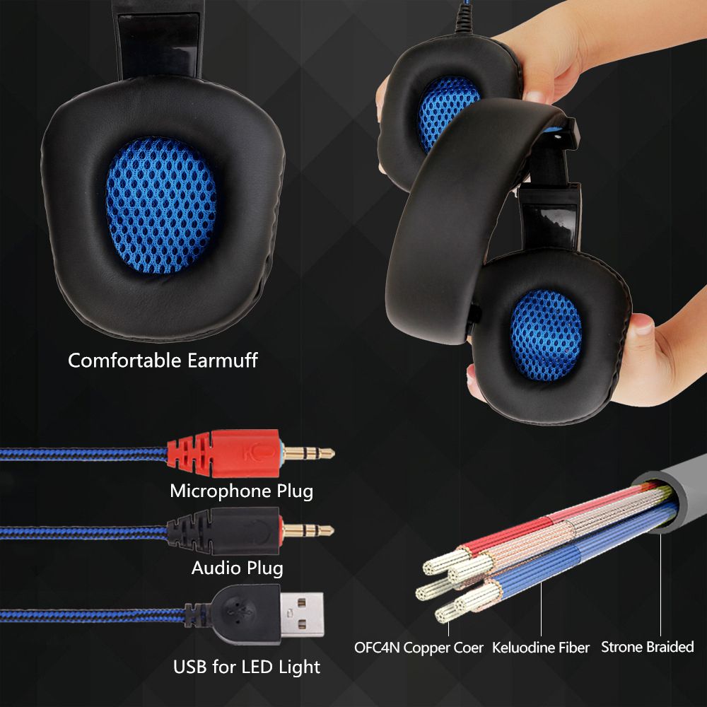 SY860MV Gaming Headset 3.5mm Wired Over Ear Headphones Noise Canceling Earphone with Mic LED Light Volume Control AUX+USB for Desktop PC