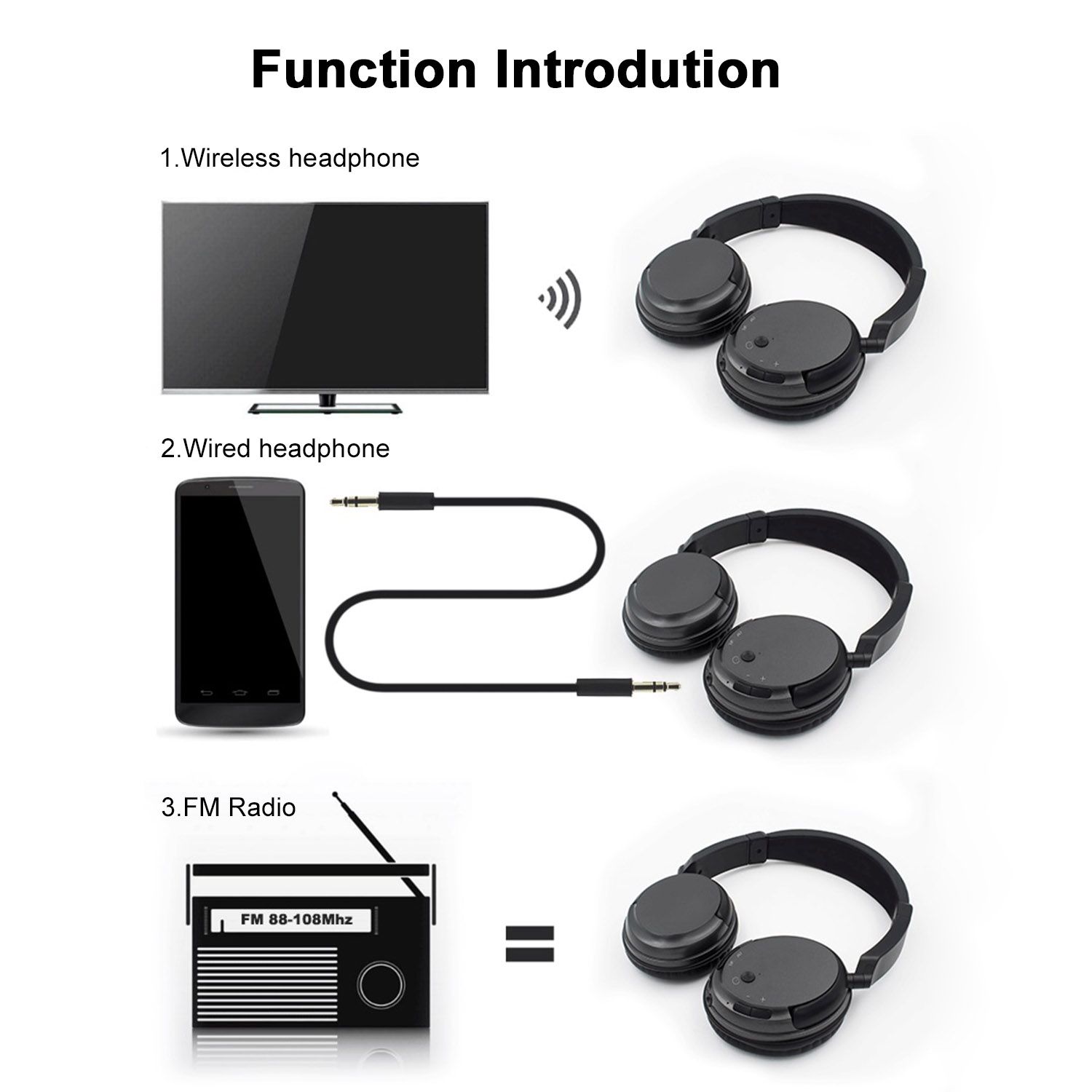 FM Wireless Headphones Over-Ear Music Earphones with Transmitter 3.5mm & RCA Wired Headset Support FM Radio for TV PC Phones MP3 Player