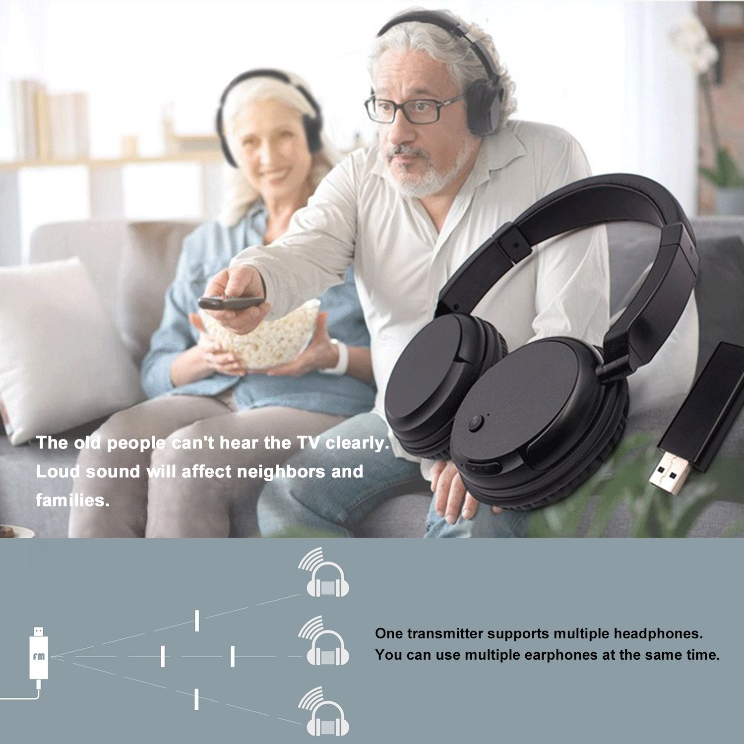 FM Wireless Headphones Over-Ear Music Earphones with Transmitter 3.5mm & RCA Wired Headset Support FM Radio for TV PC Phones MP3 Player