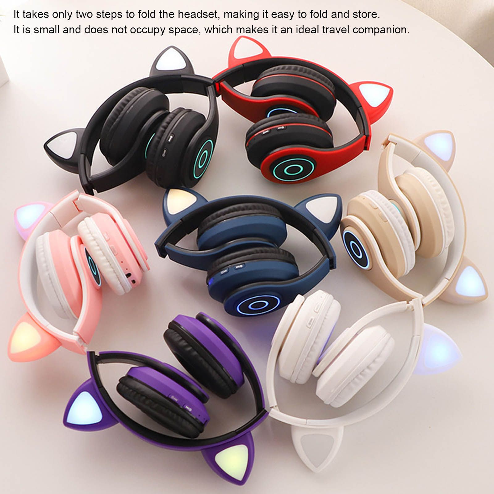 B39 Over Ear Music Headset Cat Ear Glowing Headphone Foldable Wireless BT5.0 Earphone Hands-free with Mic AUX IN TF Card MP3 Player for PC Laptop Computer Mobile Phone