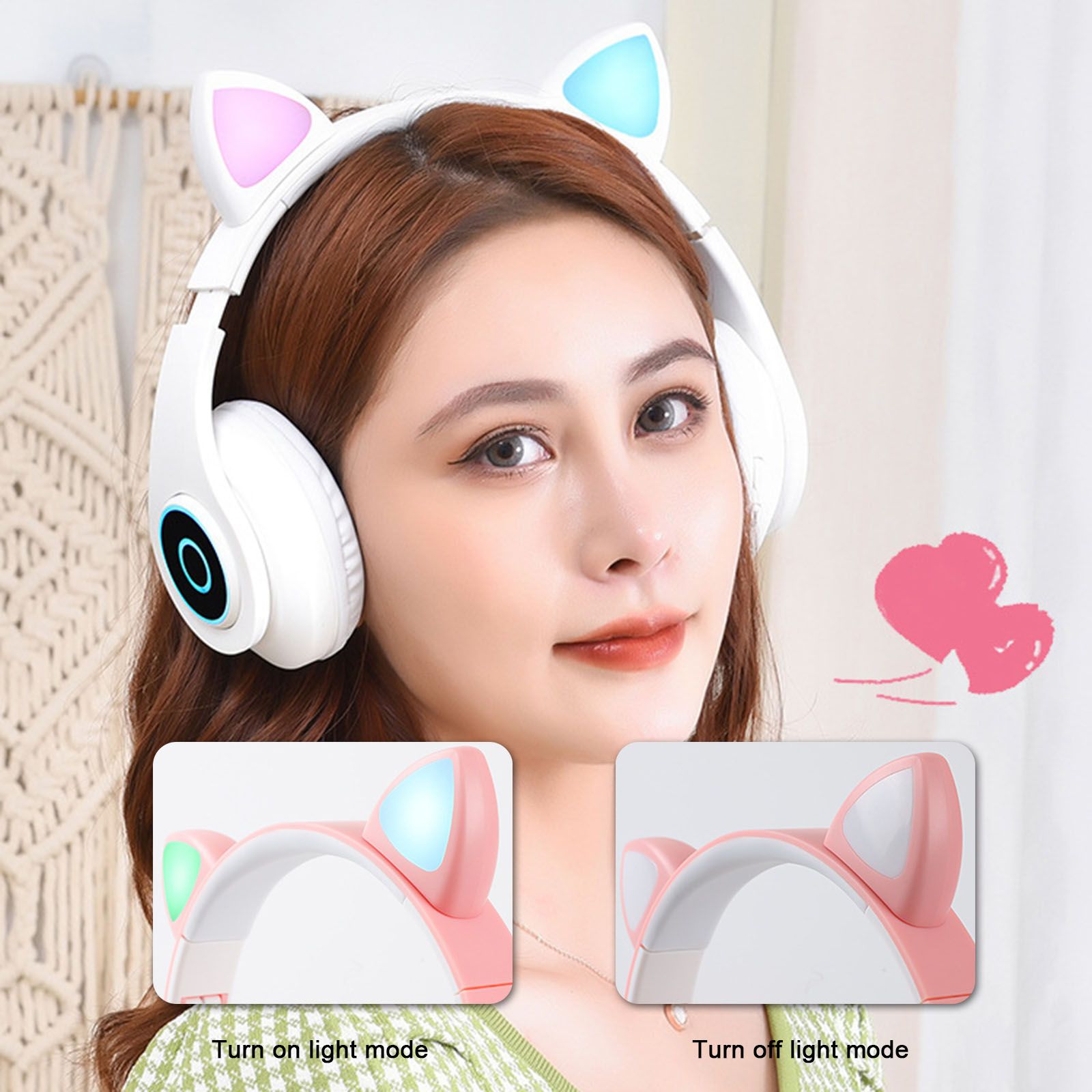 B39 Over Ear Music Headset Cat Ear Glowing Headphone Foldable Wireless BT5.0 Earphone Hands-free with Mic AUX IN TF Card MP3 Player for PC Laptop Computer Mobile Phone