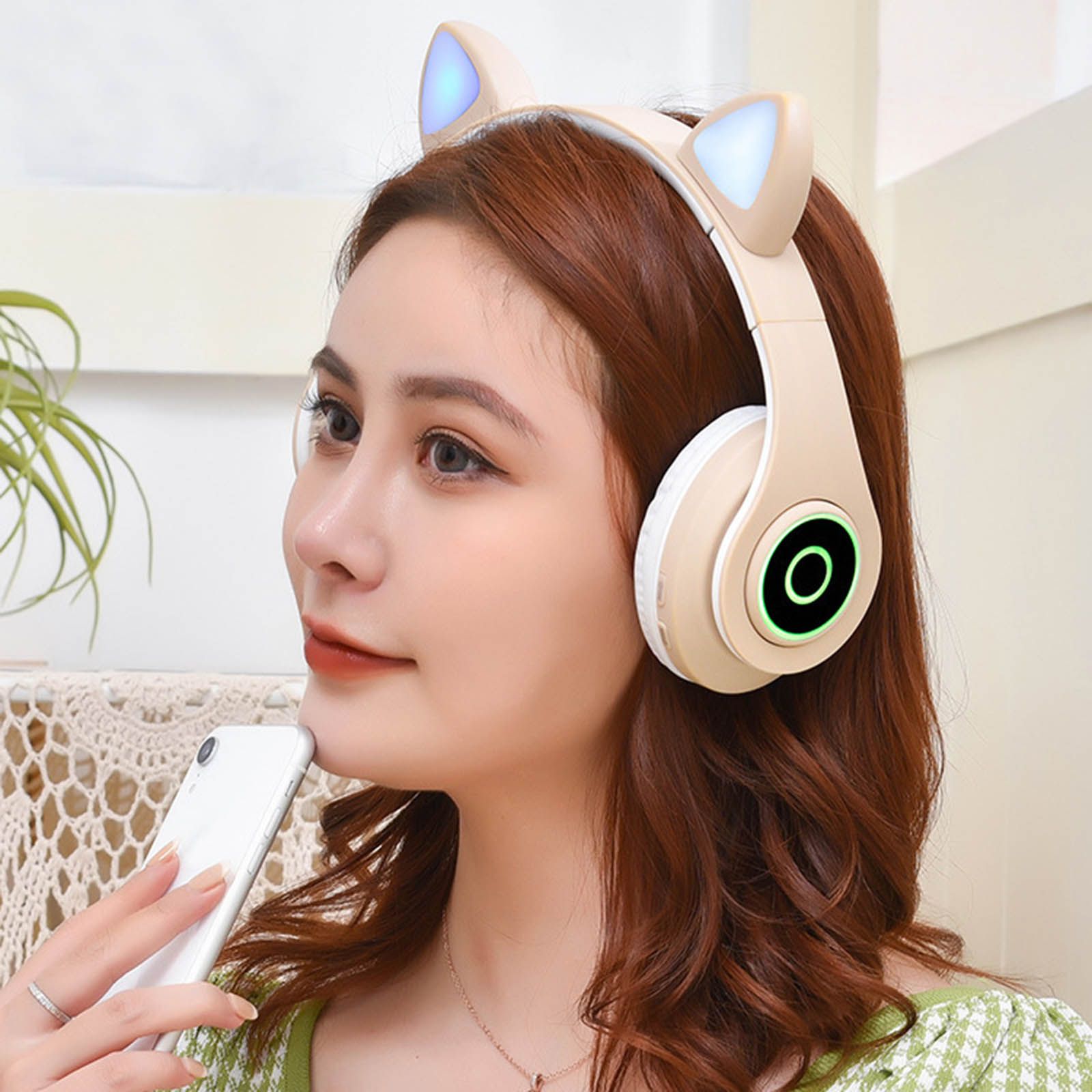 B39 Over Ear Music Headset Cat Ear Glowing Headphone Foldable Wireless BT5.0 Earphone Hands-free with Mic AUX IN TF Card MP3 Player for PC Laptop Computer Mobile Phone