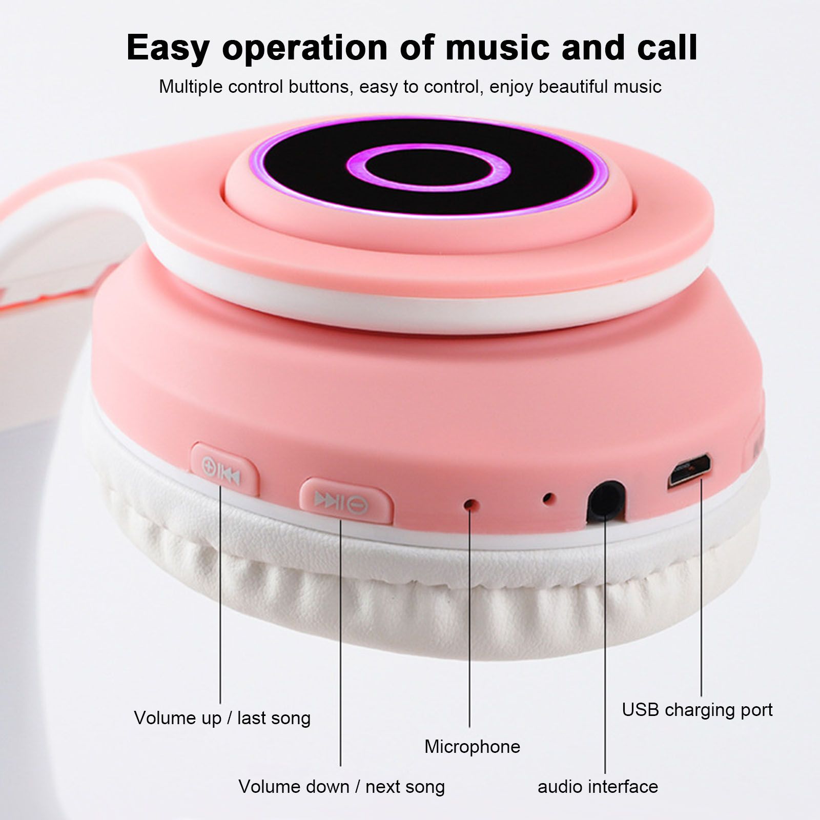 B39 Over Ear Music Headset Cat Ear Glowing Headphone Foldable Wireless BT5.0 Earphone Hands-free with Mic AUX IN TF Card MP3 Player for PC Laptop Computer Mobile Phone