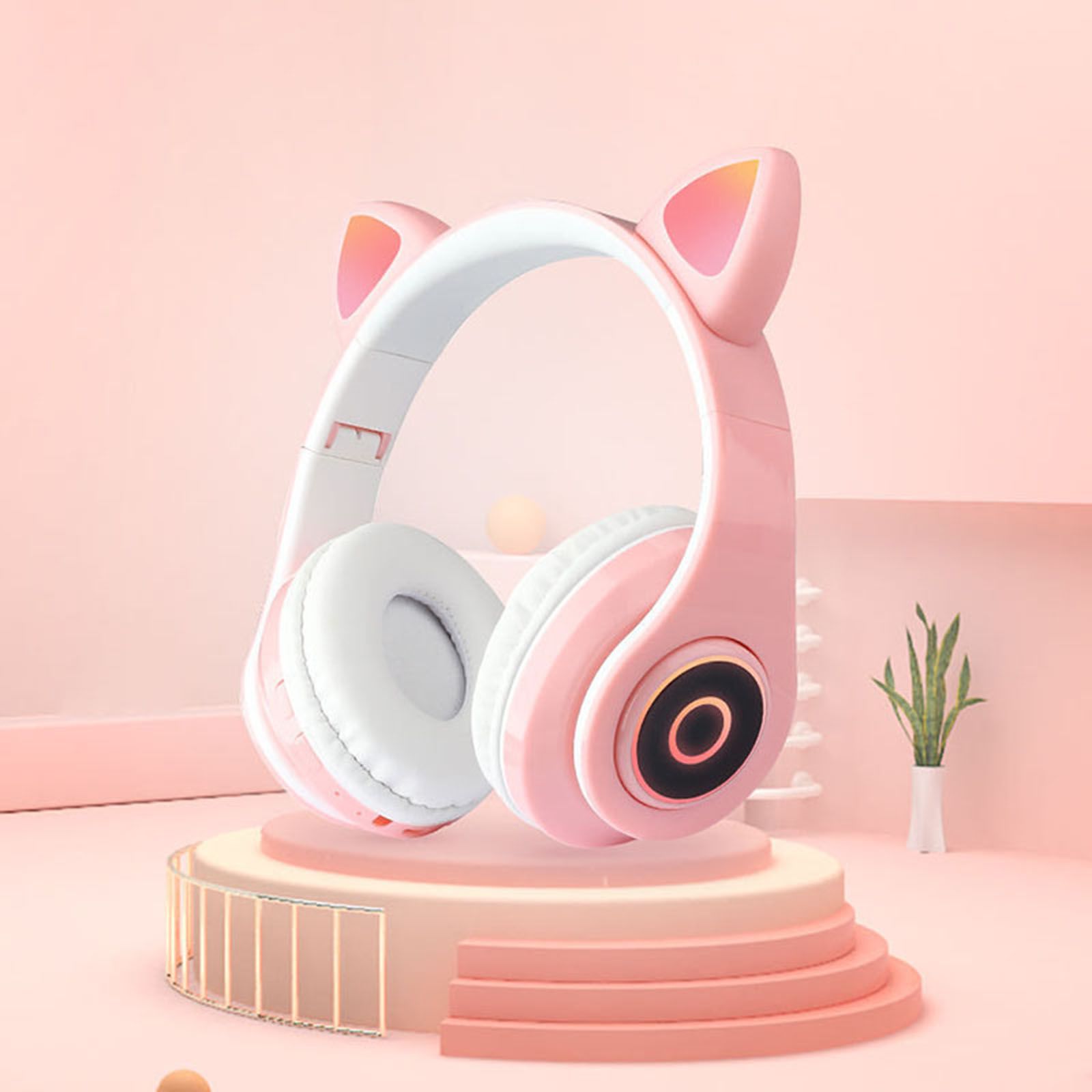 B39 Over Ear Music Headset Cat Ear Glowing Headphone Foldable Wireless BT5.0 Earphone Hands-free with Mic AUX IN TF Card MP3 Player for PC Laptop Computer Mobile Phone