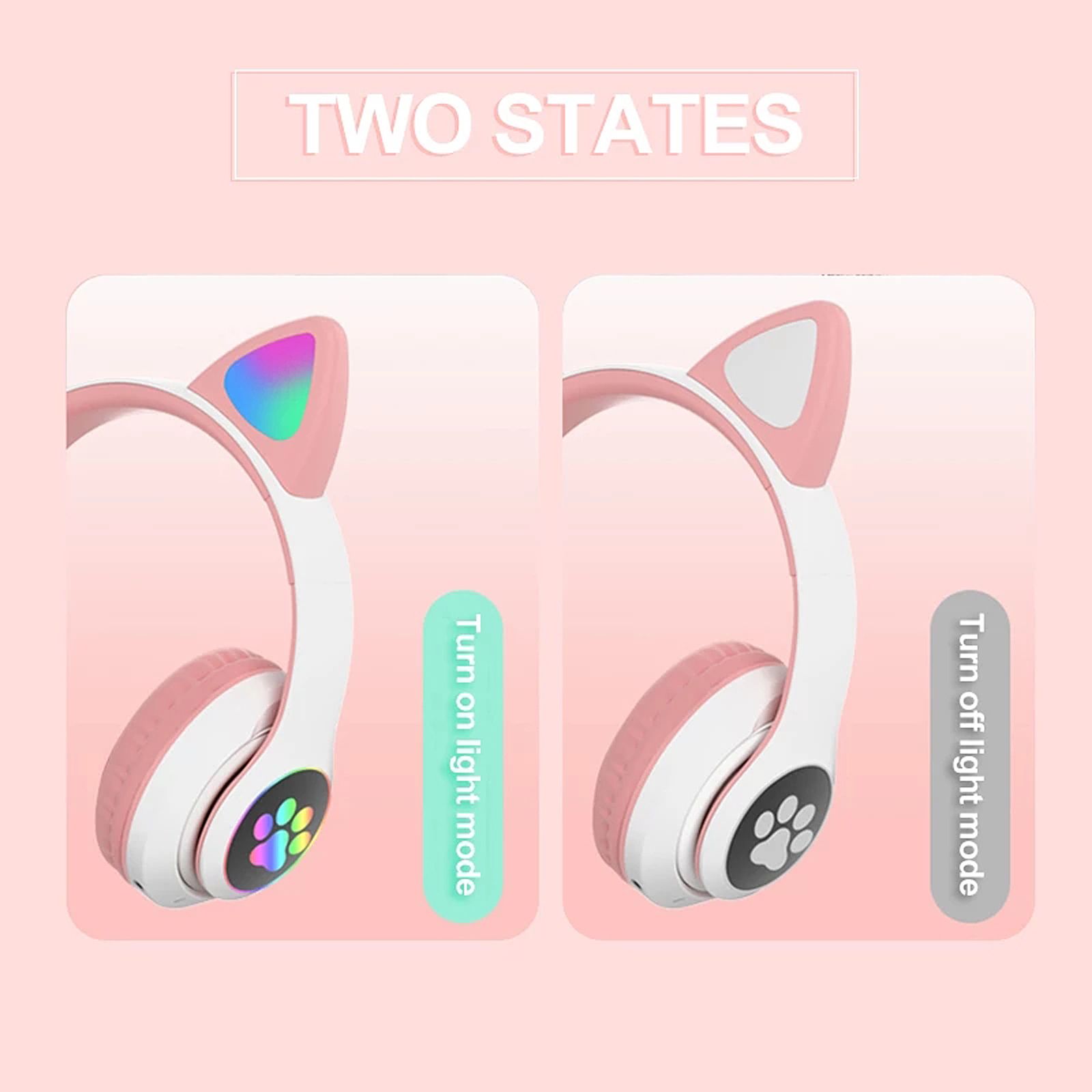 STN-28 Over Ear Music Headset Glowing Cat Ear Headphones Foldable Wireless BT5.0 Earphone with Mic AUX IN TF Card MP3 Player Colorful LED Lights for PC Laptop Computer Mobile Phone