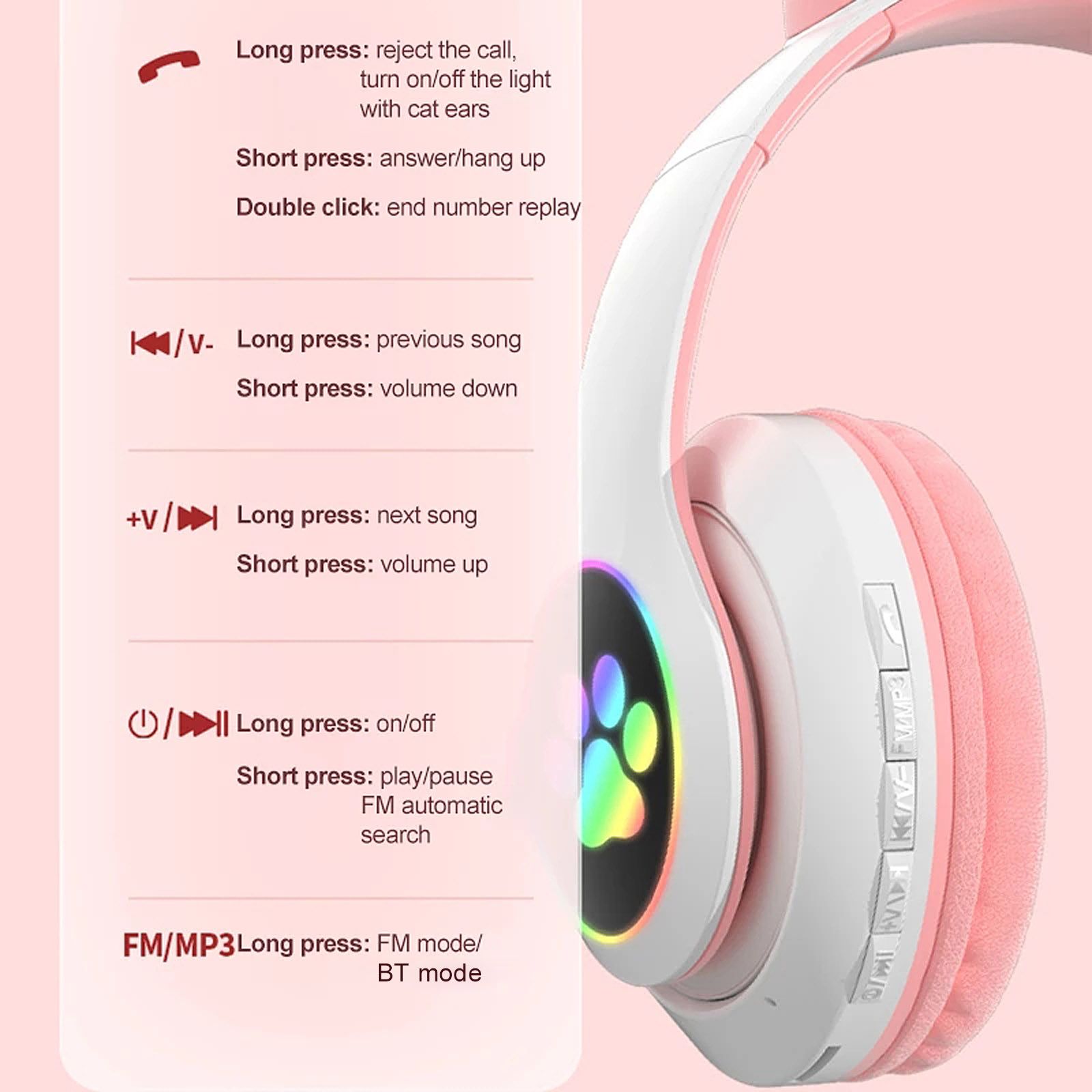 STN-28 Over Ear Music Headset Glowing Cat Ear Headphones Foldable Wireless BT5.0 Earphone with Mic AUX IN TF Card MP3 Player Colorful LED Lights for PC Laptop Computer Mobile Phone