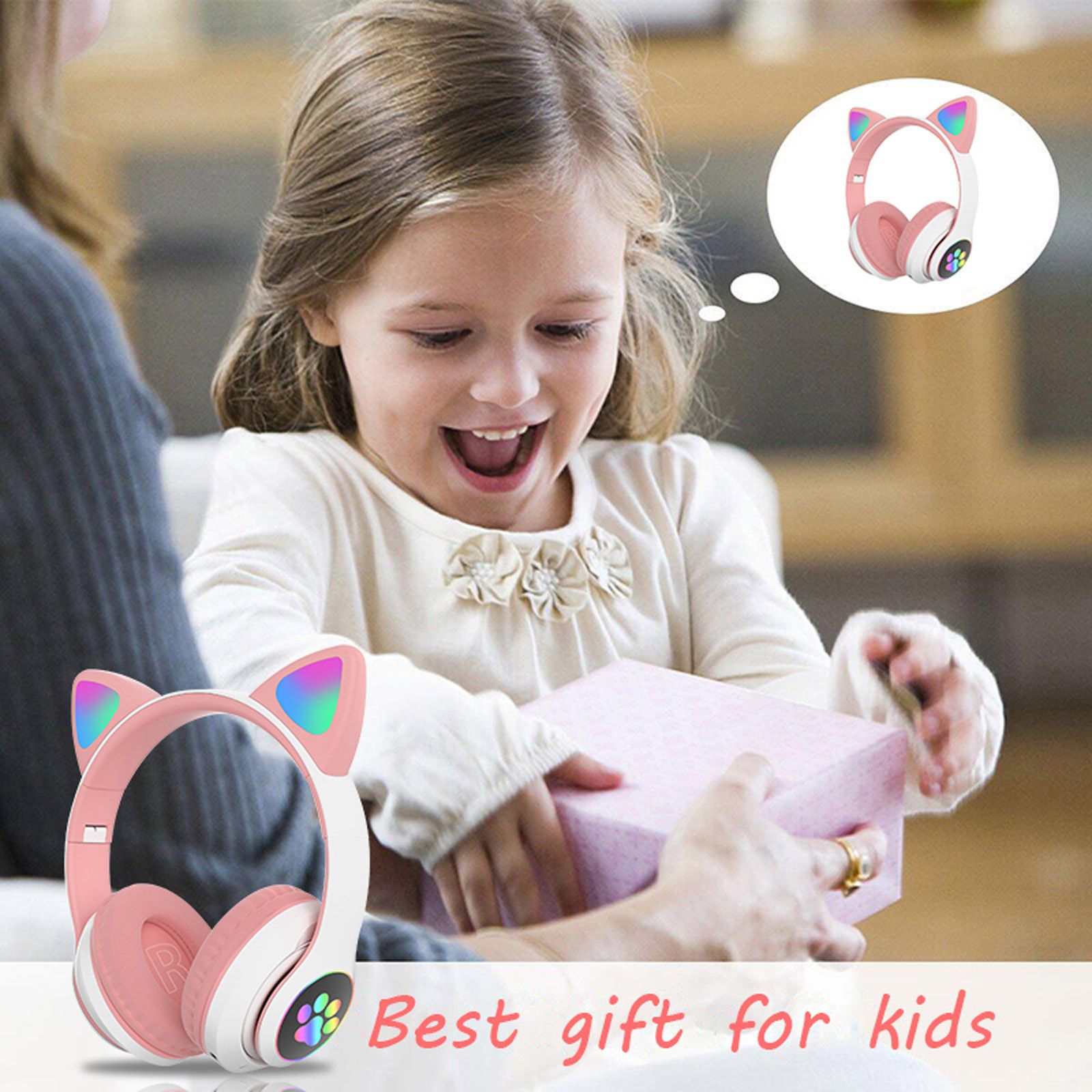STN-28 Over Ear Music Headset Glowing Cat Ear Headphones Foldable Wireless BT5.0 Earphone with Mic AUX IN TF Card MP3 Player Colorful LED Lights for PC Laptop Computer Mobile Phone