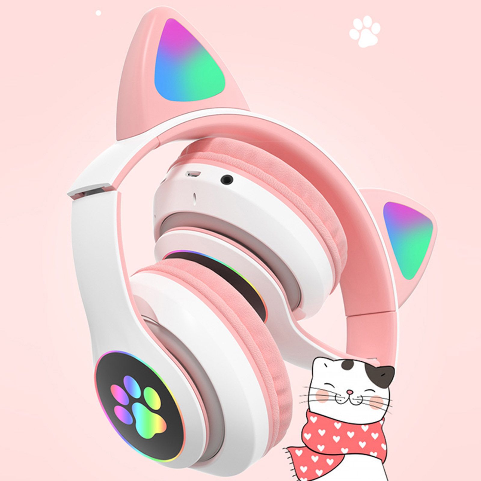 STN-28 Over Ear Music Headset Glowing Cat Ear Headphones Foldable Wireless BT5.0 Earphone with Mic AUX IN TF Card MP3 Player Colorful LED Lights for PC Laptop Computer Mobile Phone