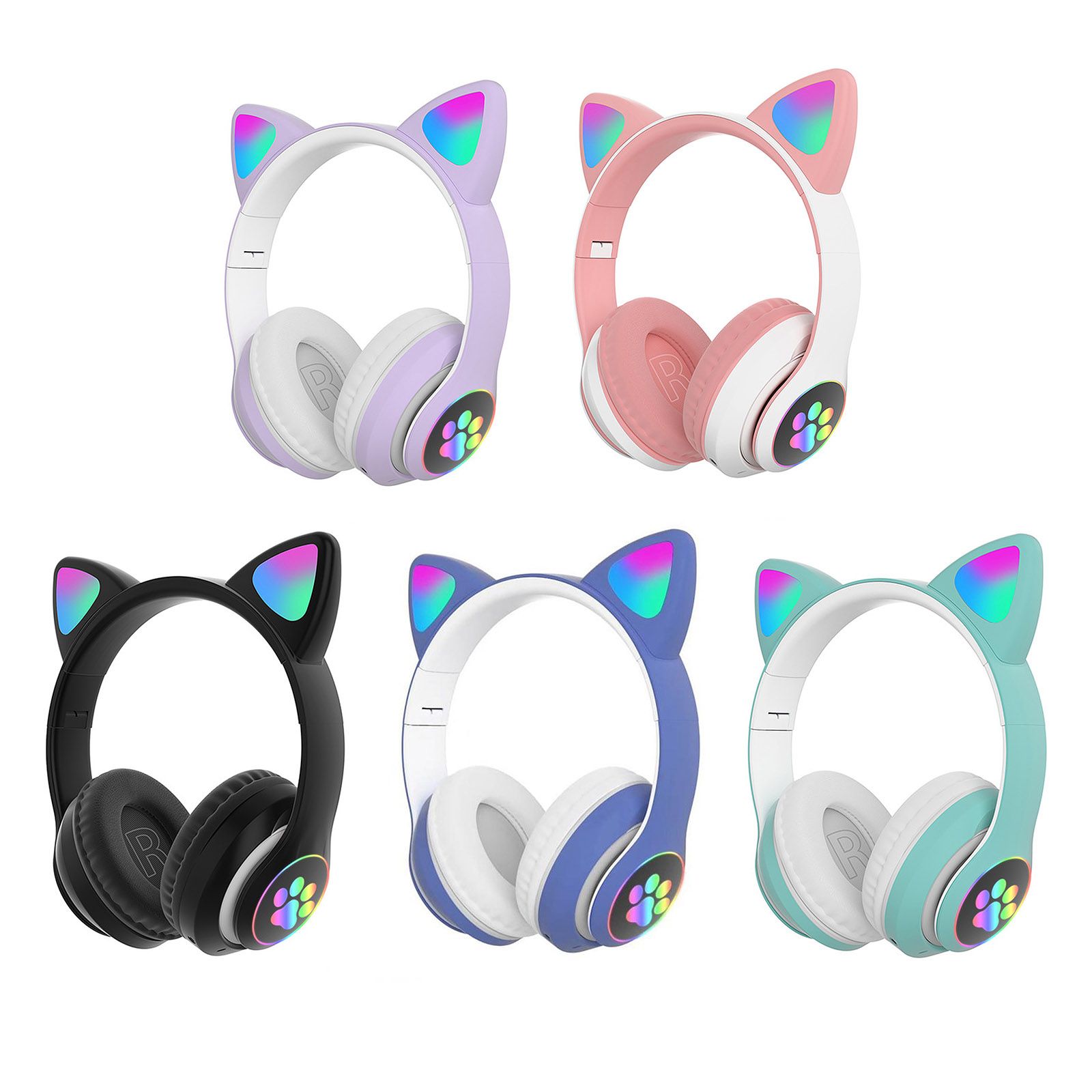 STN-28 Over Ear Music Headset Glowing Cat Ear Headphones Foldable Wireless BT5.0 Earphone with Mic AUX IN TF Card MP3 Player Colorful LED Lights for PC Laptop Computer Mobile Phone