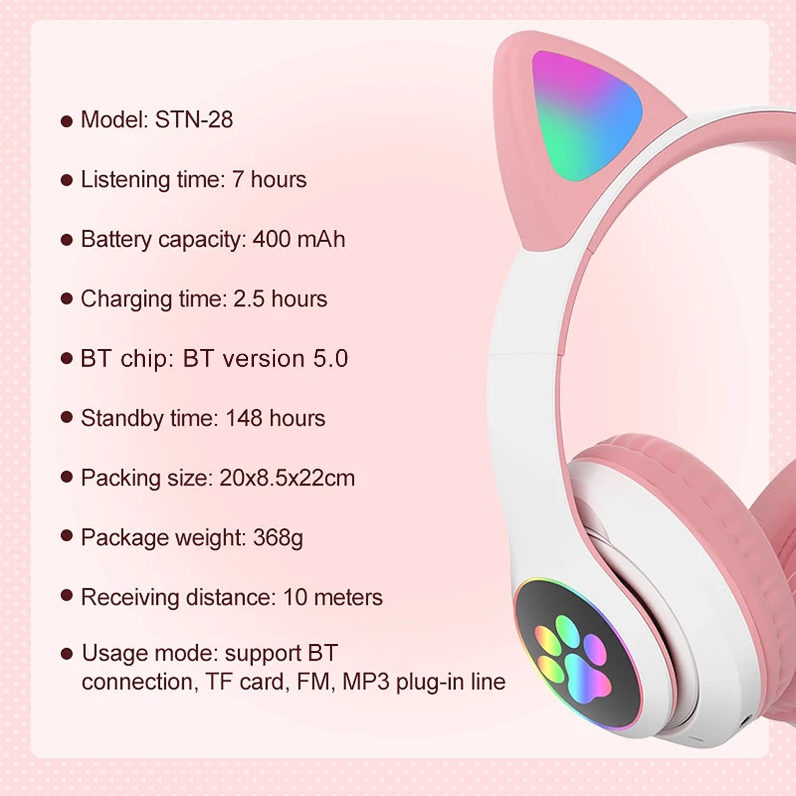 STN-28 Over Ear Music Headset Glowing Cat Ear Headphones Foldable Wireless BT5.0 Earphone with Mic AUX IN TF Card MP3 Player Colorful LED Lights for PC Laptop Computer Mobile Phone