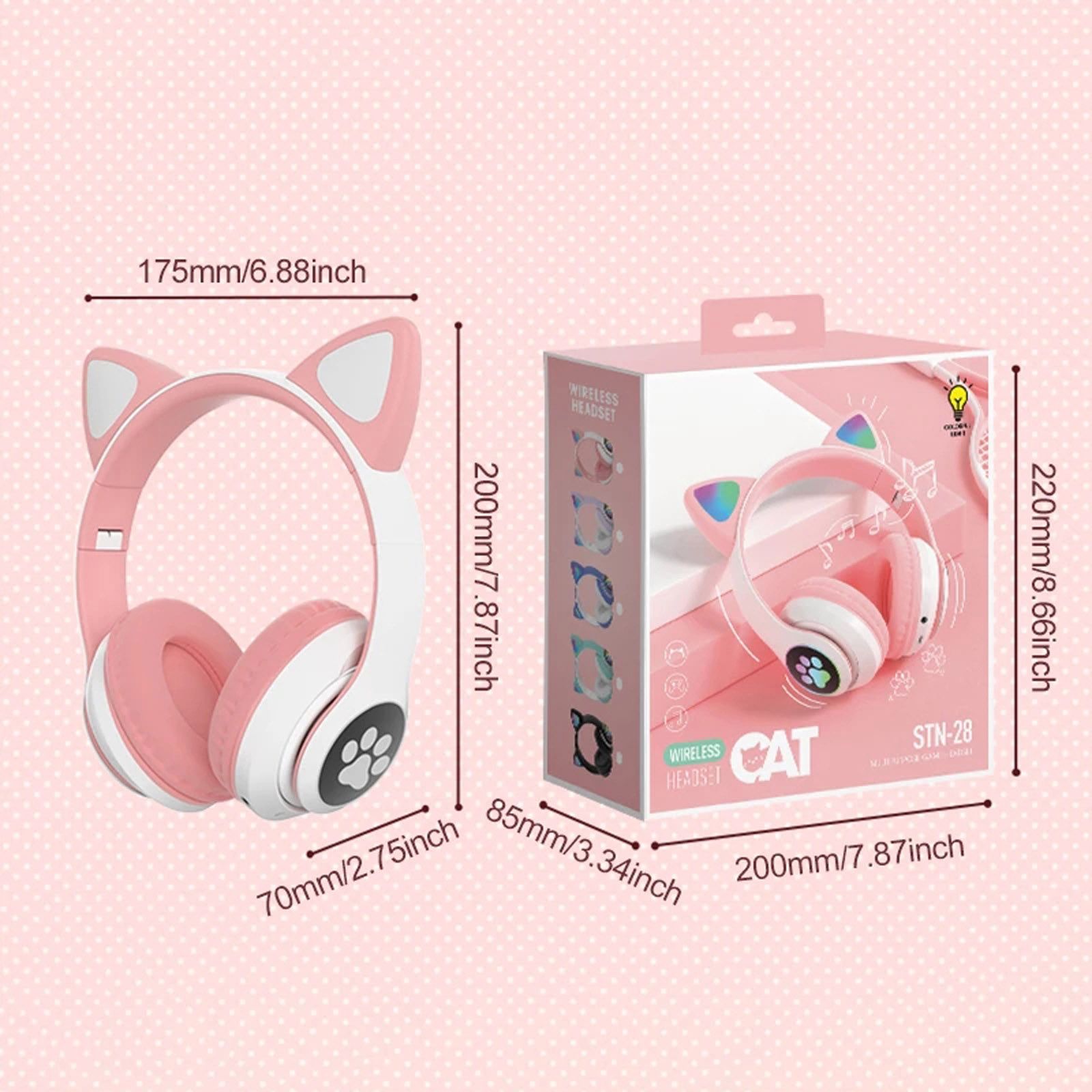 STN-28 Over Ear Music Headset Glowing Cat Ear Headphones Foldable Wireless BT5.0 Earphone with Mic AUX IN TF Card MP3 Player Colorful LED Lights for PC Laptop Computer Mobile Phone