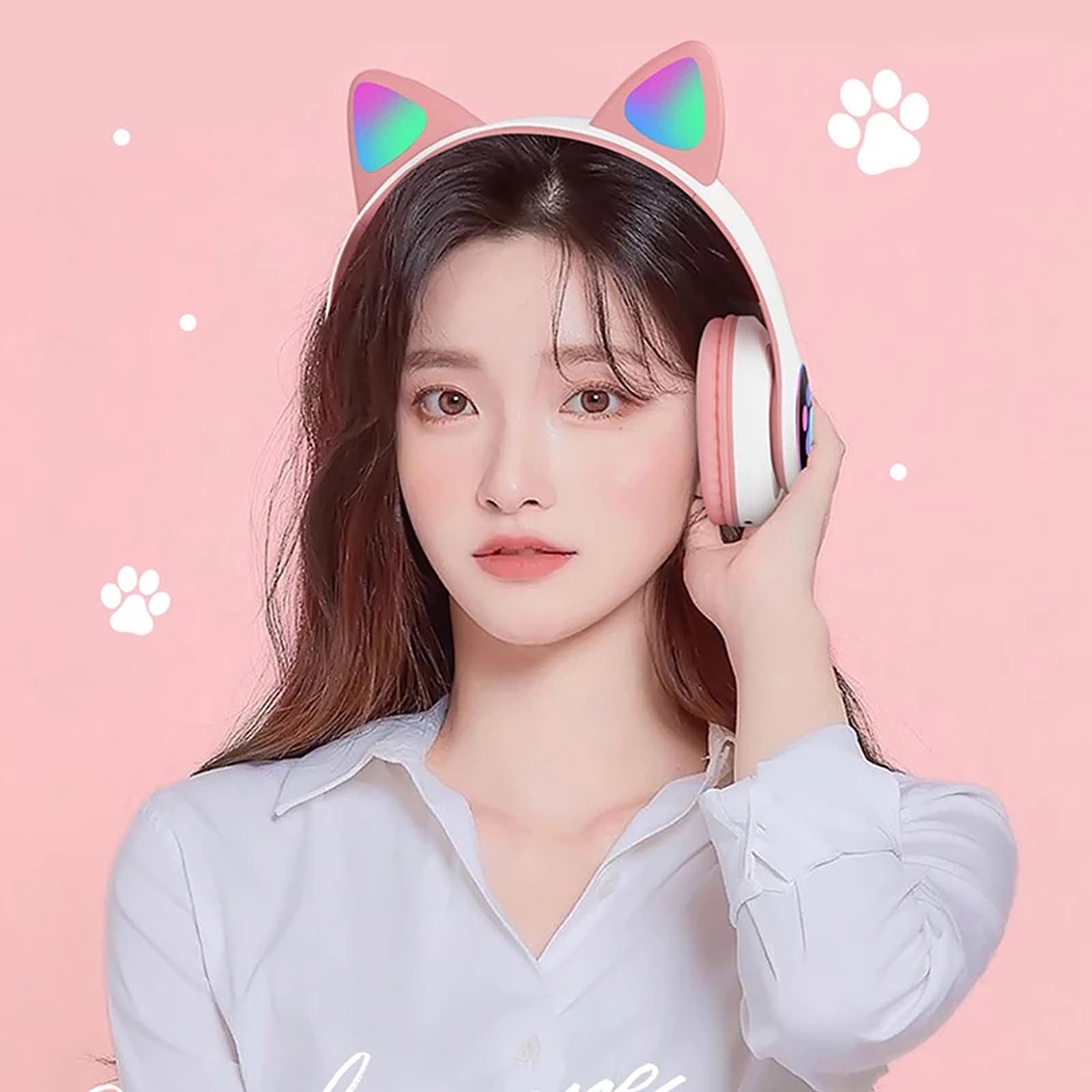 STN-28 Over Ear Music Headset Glowing Cat Ear Headphones Foldable Wireless BT5.0 Earphone with Mic AUX IN TF Card MP3 Player Colorful LED Lights for PC Laptop Computer Mobile Phone