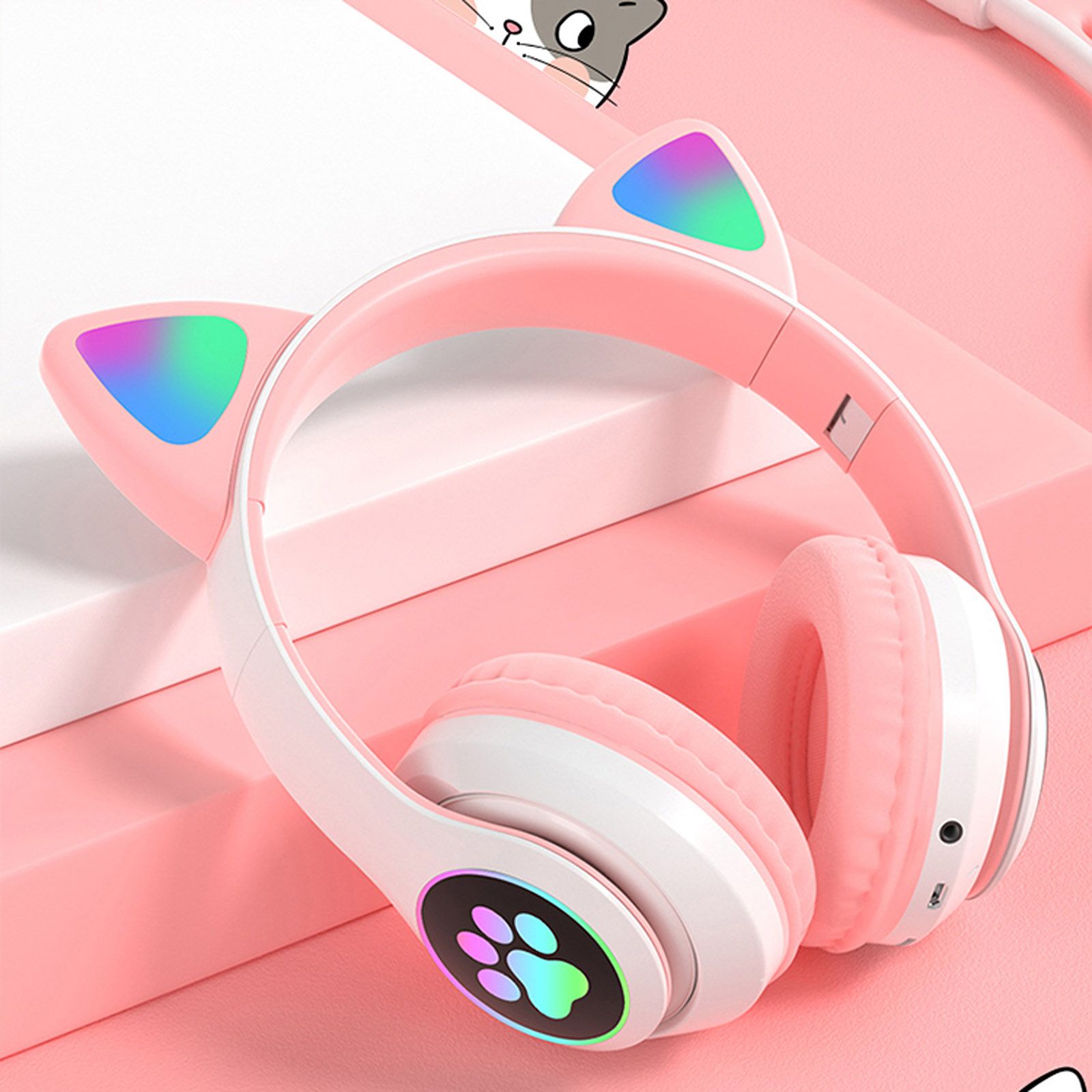 STN-28 Over Ear Music Headset Glowing Cat Ear Headphones Foldable Wireless BT5.0 Earphone with Mic AUX IN TF Card MP3 Player Colorful LED Lights for PC Laptop Computer Mobile Phone