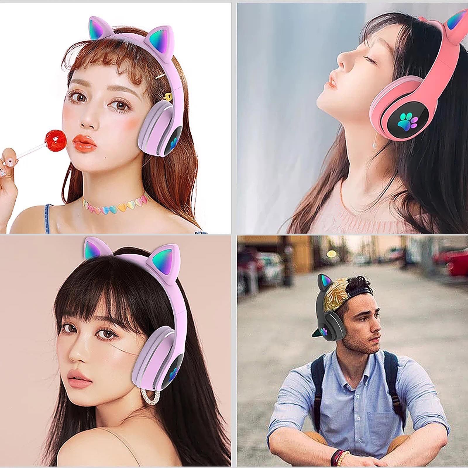 L400 Over Ear Music Headset Glowing Cat Ear Headphones 7 Color Breathing Lights Foldable Wireless BT5.0 Earphone with Mic AUX IN TF Card MP3 Player for PC Laptop Computer Mobile Phone