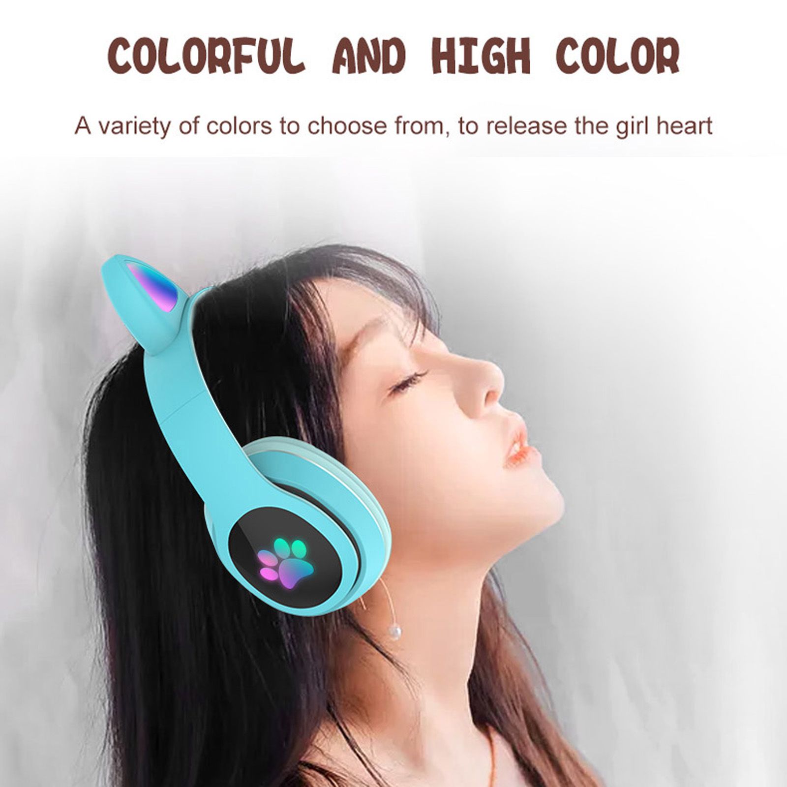 L400 Over Ear Music Headset Glowing Cat Ear Headphones 7 Color Breathing Lights Foldable Wireless BT5.0 Earphone with Mic AUX IN TF Card MP3 Player for PC Laptop Computer Mobile Phone
